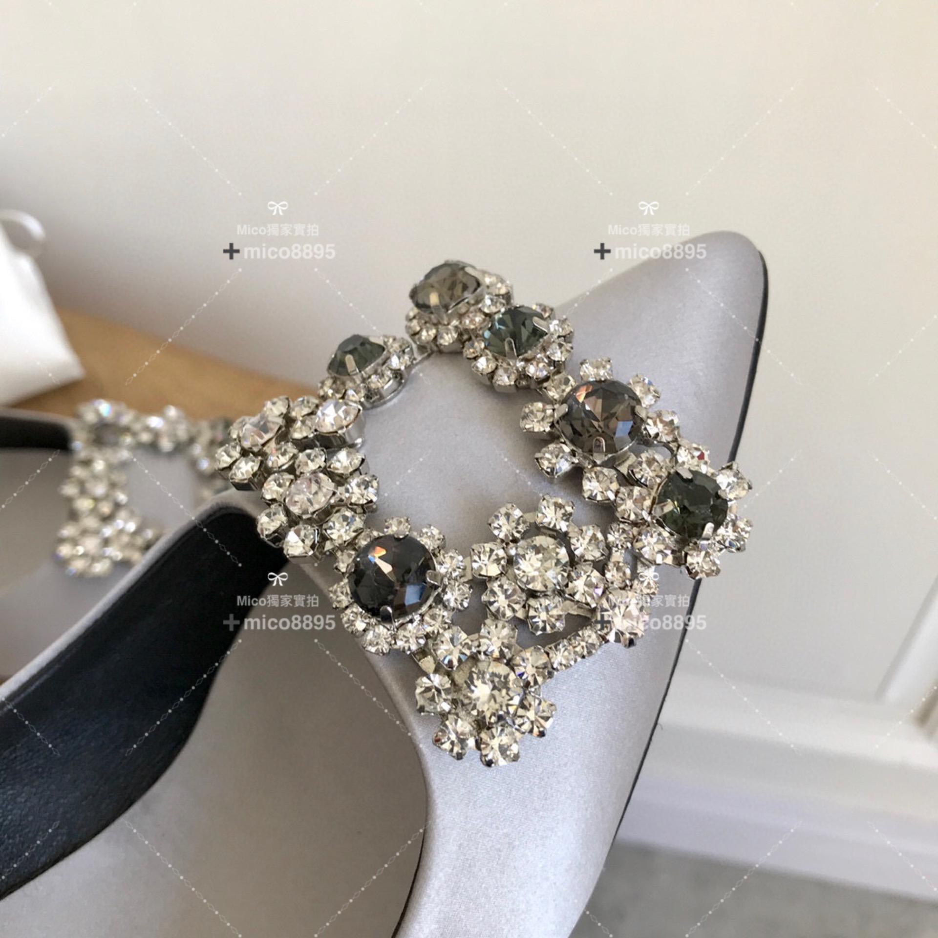 Roger Vivier RV 銀灰色真絲 經典雪花釦真絲高跟鞋 婚鞋 中跟款6.5cm 35-39 （另有10公分跟高可訂製）