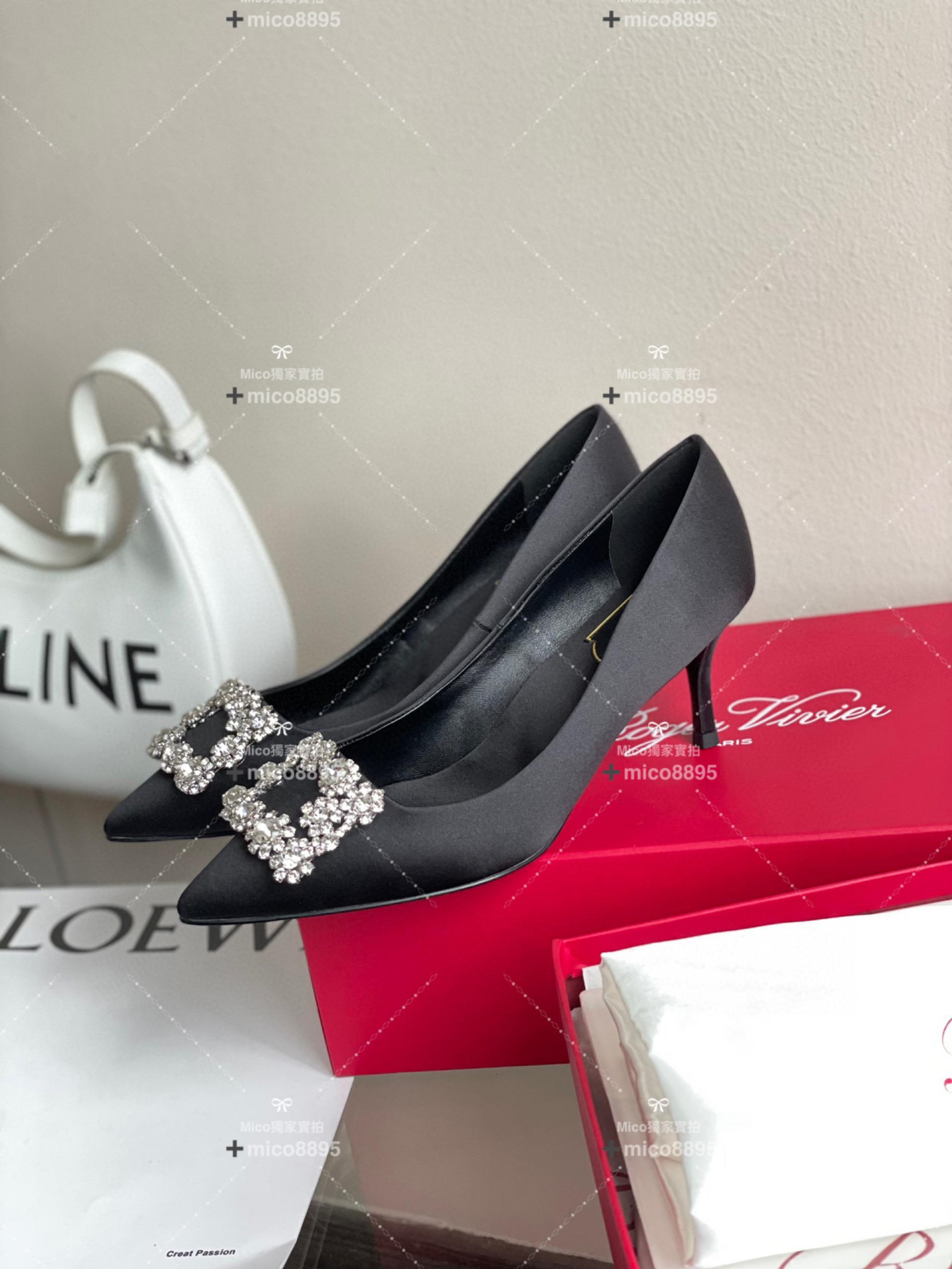 Roger Vivier RV 黑色真絲 經典雪花釦真絲高跟鞋 婚鞋 中跟款6.5cm 35-39 （另有10公分跟高可訂製）