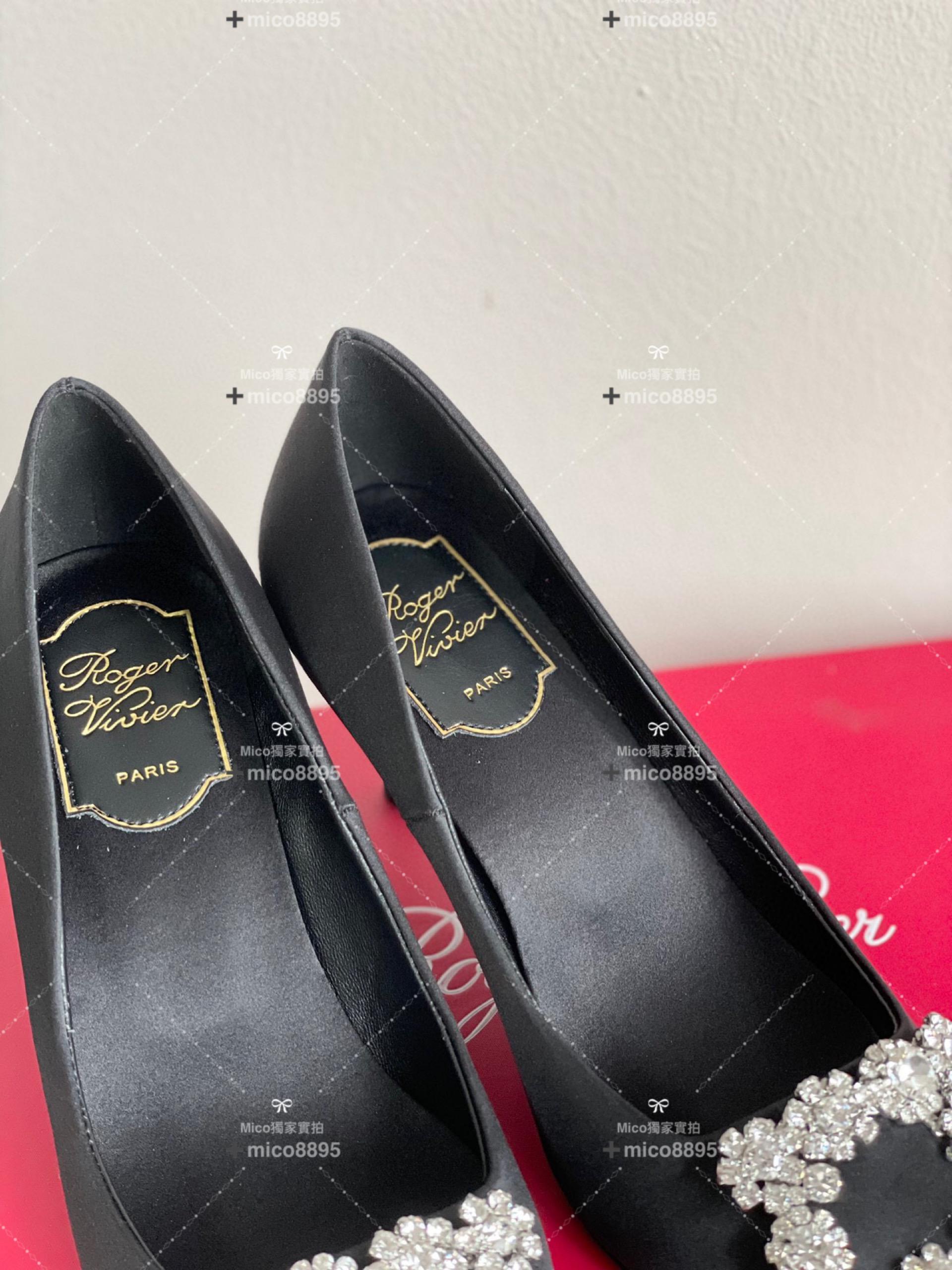 Roger Vivier RV 黑色真絲 經典雪花釦真絲高跟鞋 婚鞋 中跟款6.5cm 35-39 （另有10公分跟高可訂製）