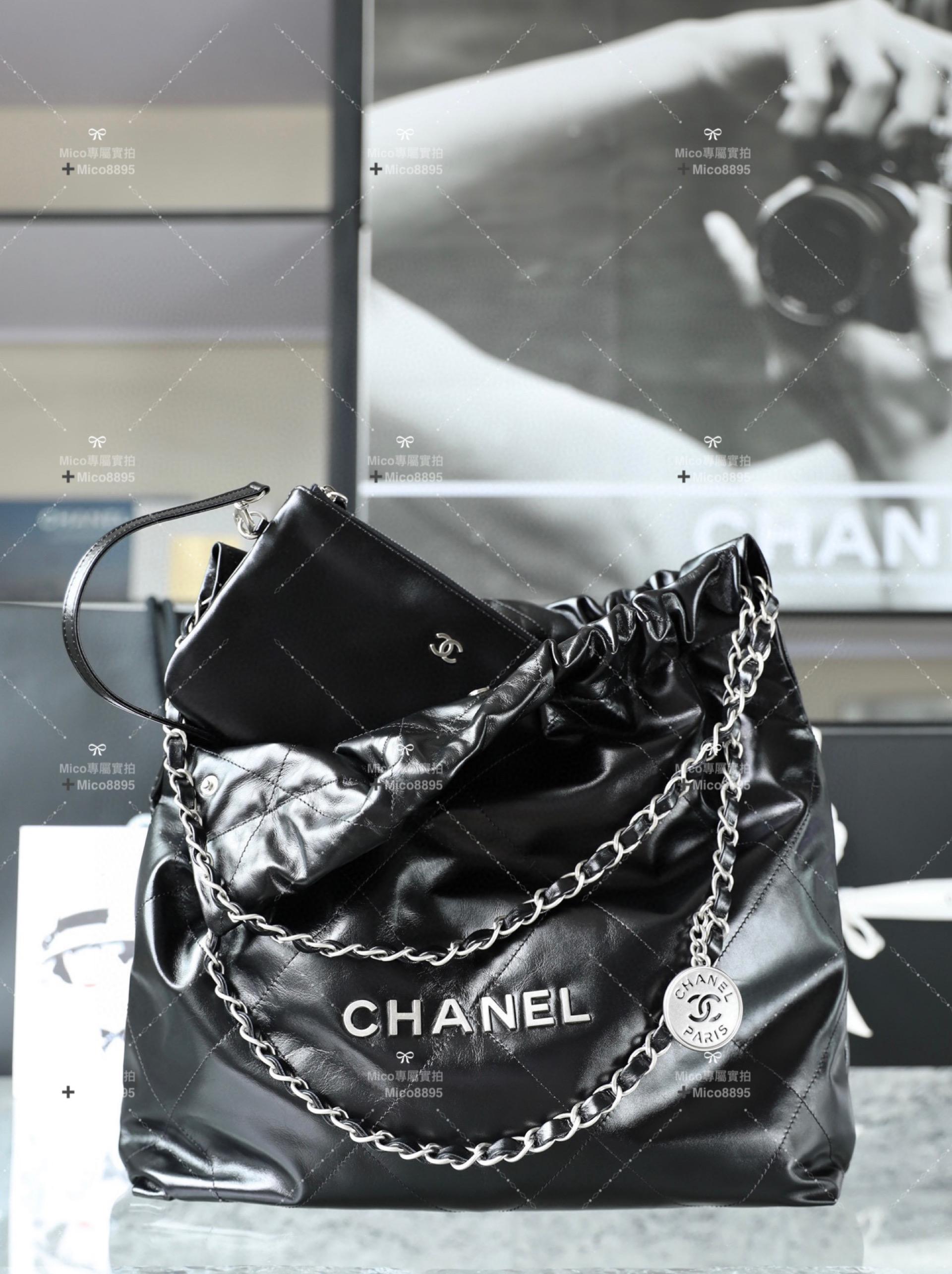 Chanel 爆款22包 黑色/銀字 中號 真皮 購物包/肩背包