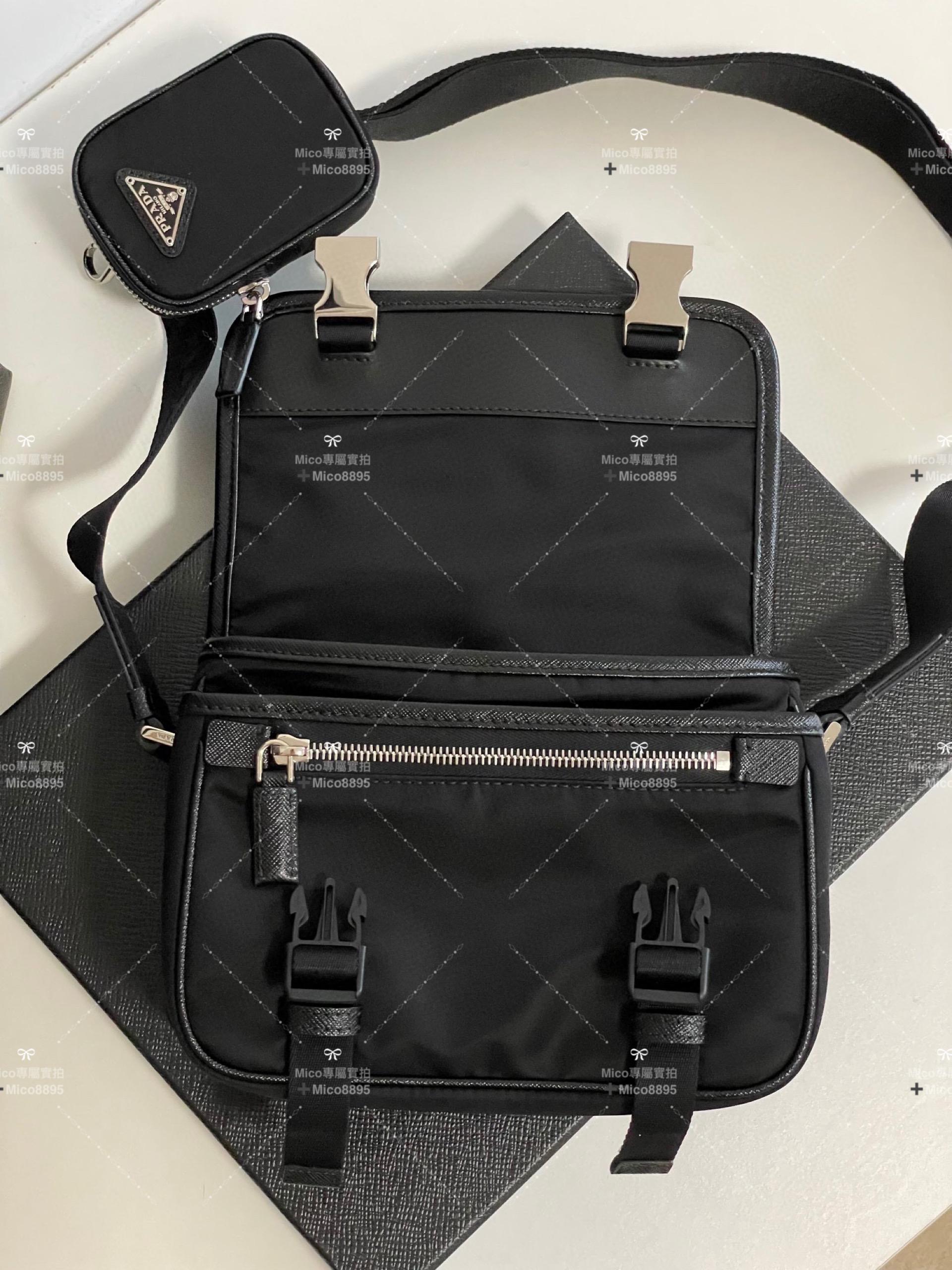 Prada 普拉達 Saffiano銀扣三合一郵差包公文包 機能風尼龍皮革斜挎單肩包 男女款 22cm