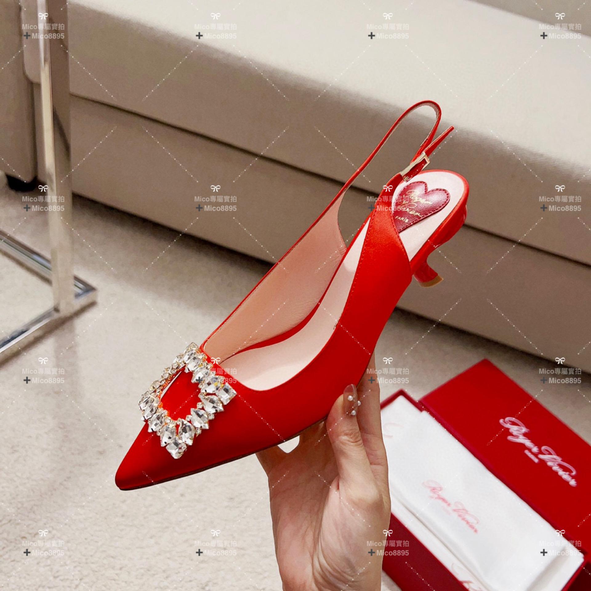 Roger Vivier RV Virgule鑽扣真絲低跟涼鞋 繫帶涼鞋 5.5cm 35-39碼 🉑️訂34、40