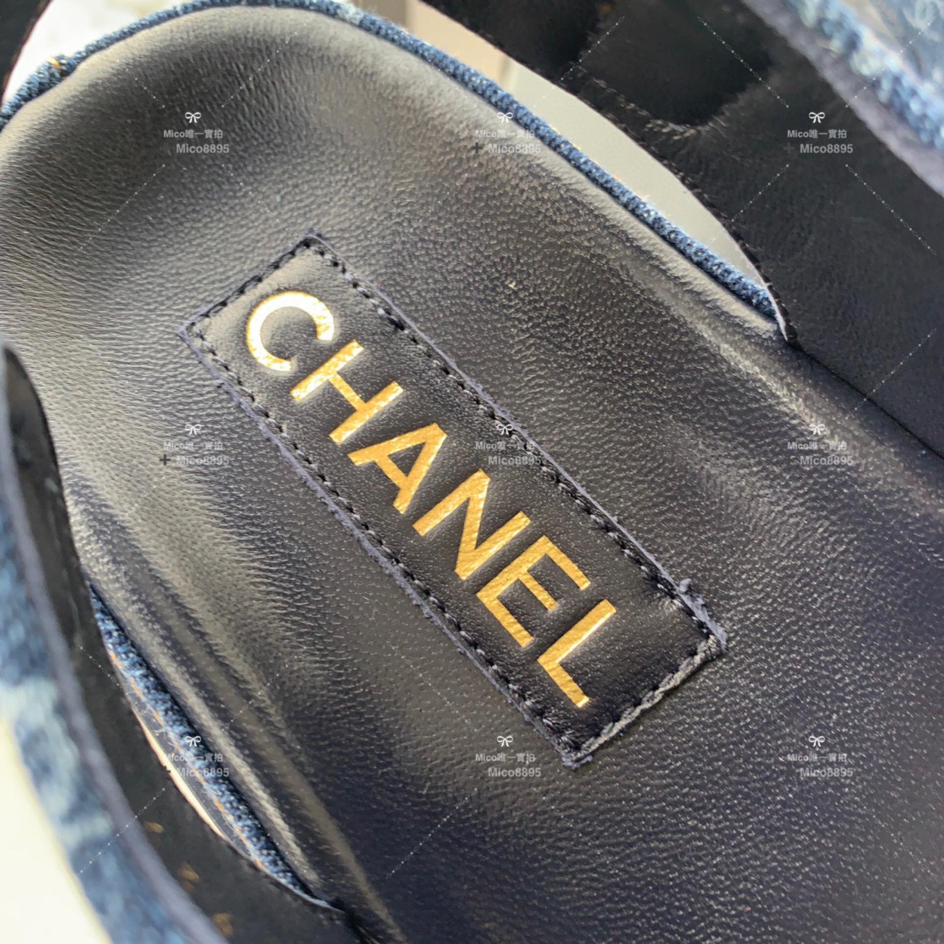 CHANEL 牛仔丹寧系列 雙C印花牛仔沙灘涼鞋/休閒鞋 35-40