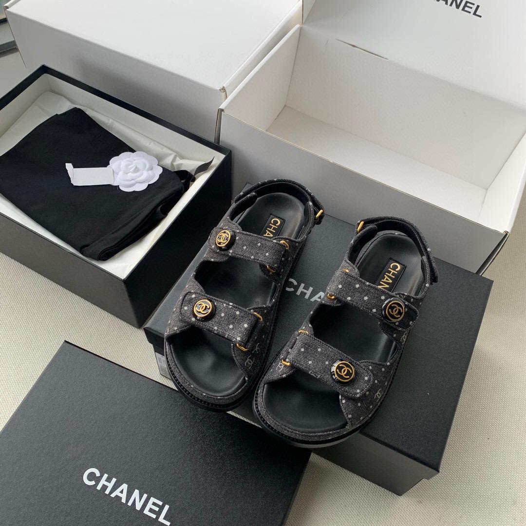 CHANEL 黑灰色 牛仔丹寧系列 雙C印花牛仔沙灘涼鞋/休閒鞋 35-40