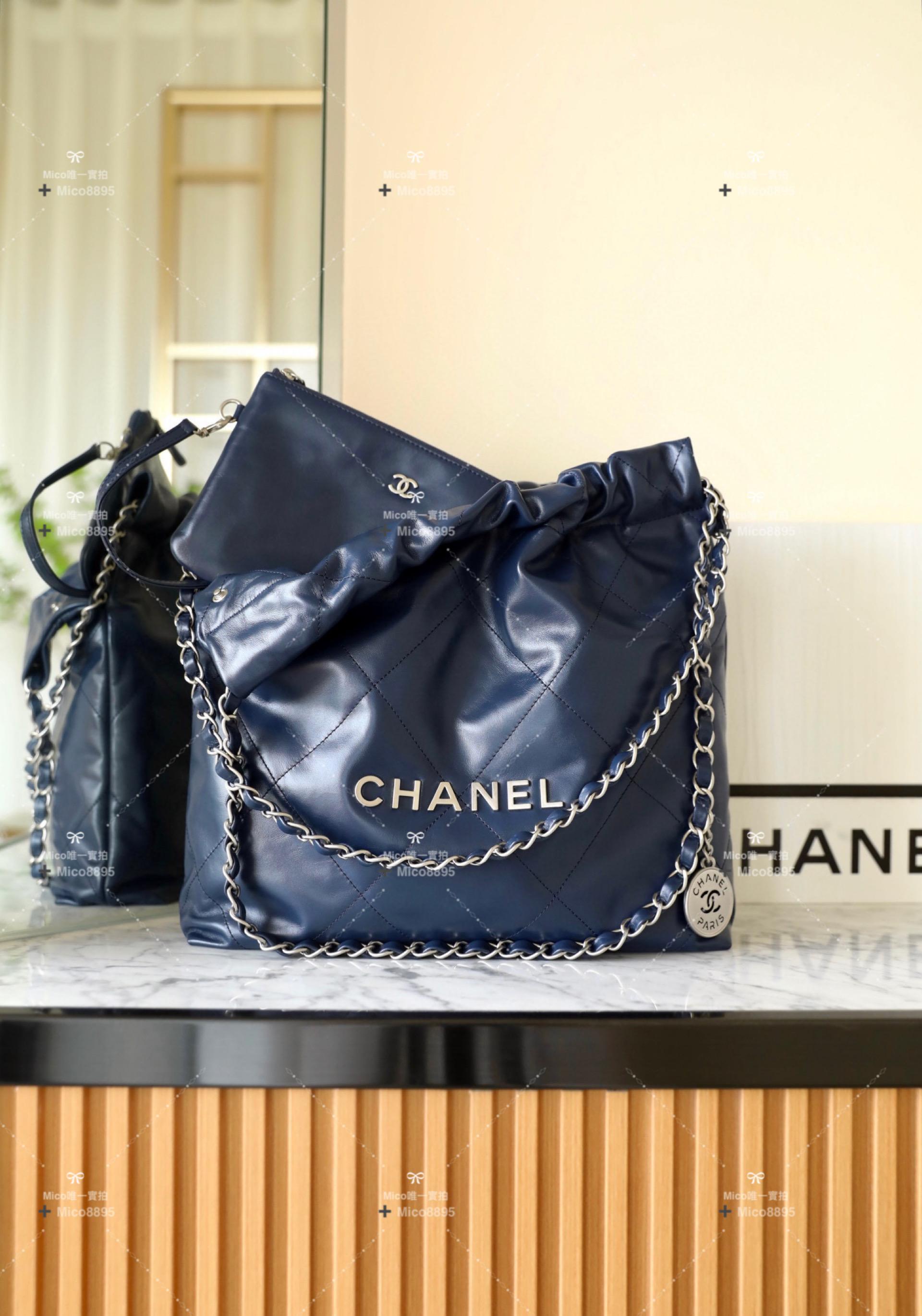 CHANEL 22A新色 22Bag 購物袋 藍/銀釦 小牛皮 小號