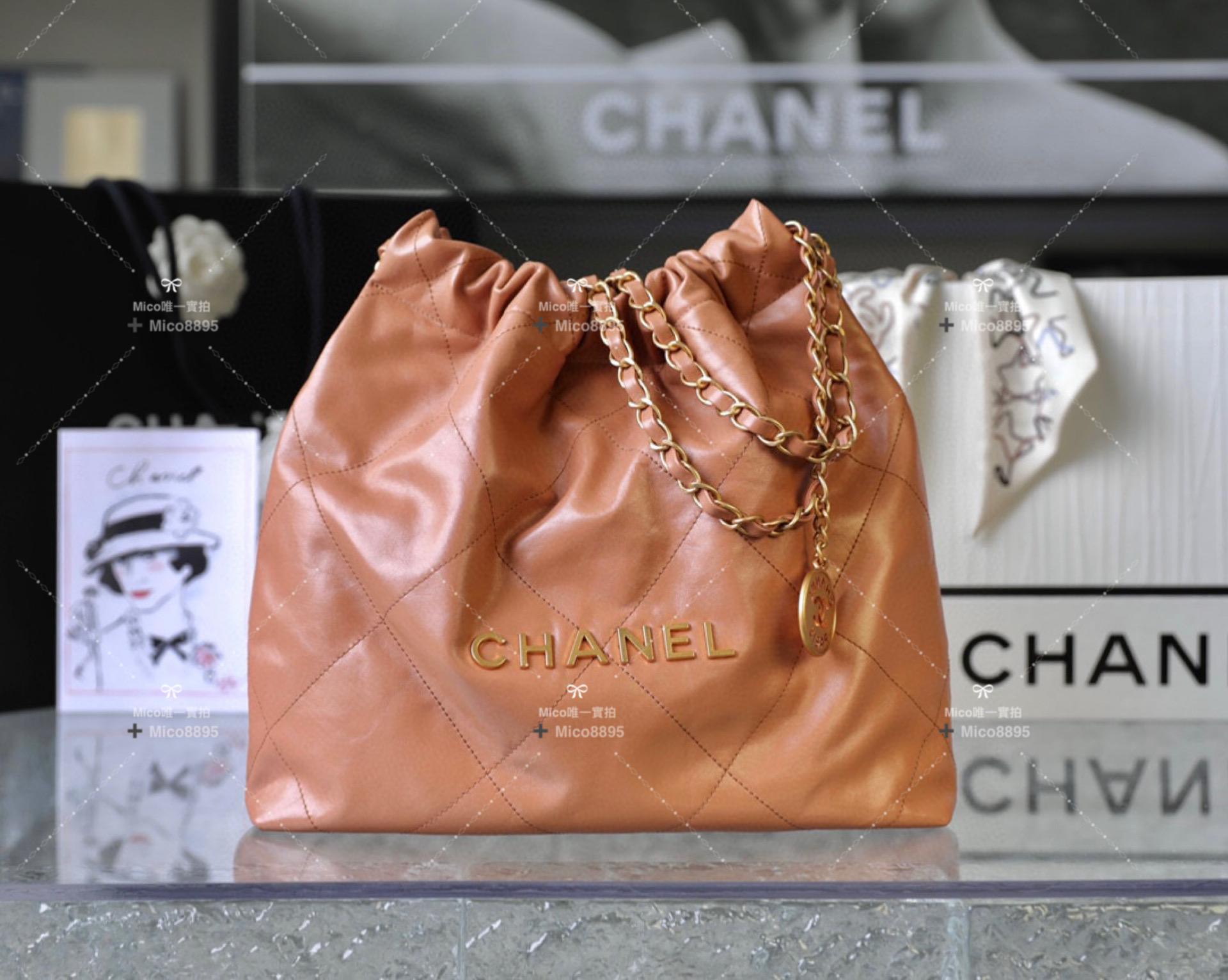 CHANEL 焦糖色/金釦 22Bag 購物袋 小牛皮 小號