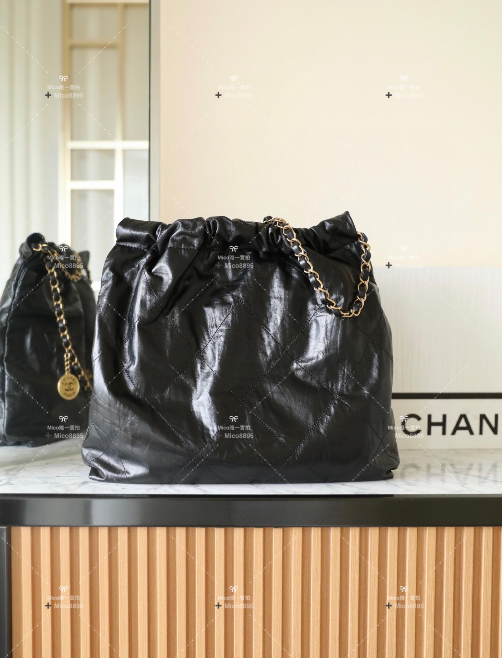 CHANEL 𝟐𝟑𝐀手工坊新品 中號 𝟤𝟤𝖡𝖺𝗀褶皺小牛皮 購物袋 通勤包 ♥ 黑色