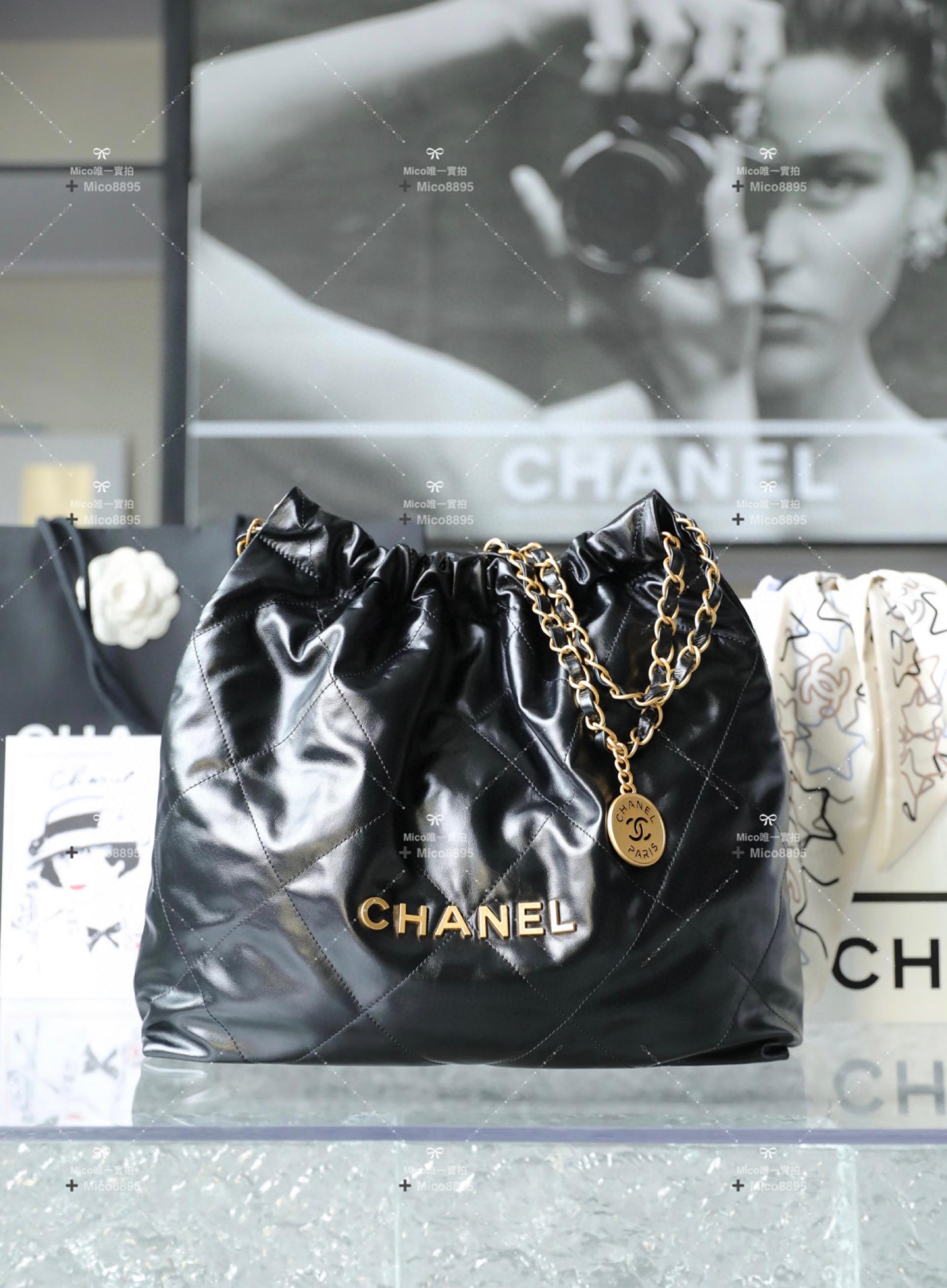 CHANEL 22Bag/22包 中號購物袋 垃圾袋 黑色/金釦 小牛皮 真皮