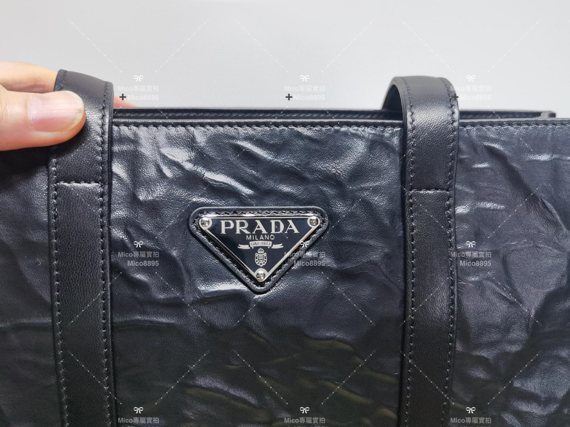 PRADA 復古褶皺羊皮托特包/手提包 真皮 實拍 Size:寬30x高33x底8cm