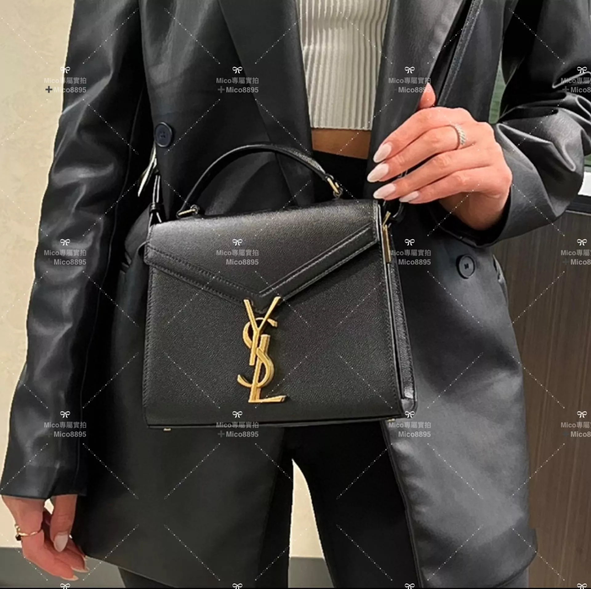 YSL Cassandra 黑色牛皮 魚子醬荔枝紋 小號/20cm