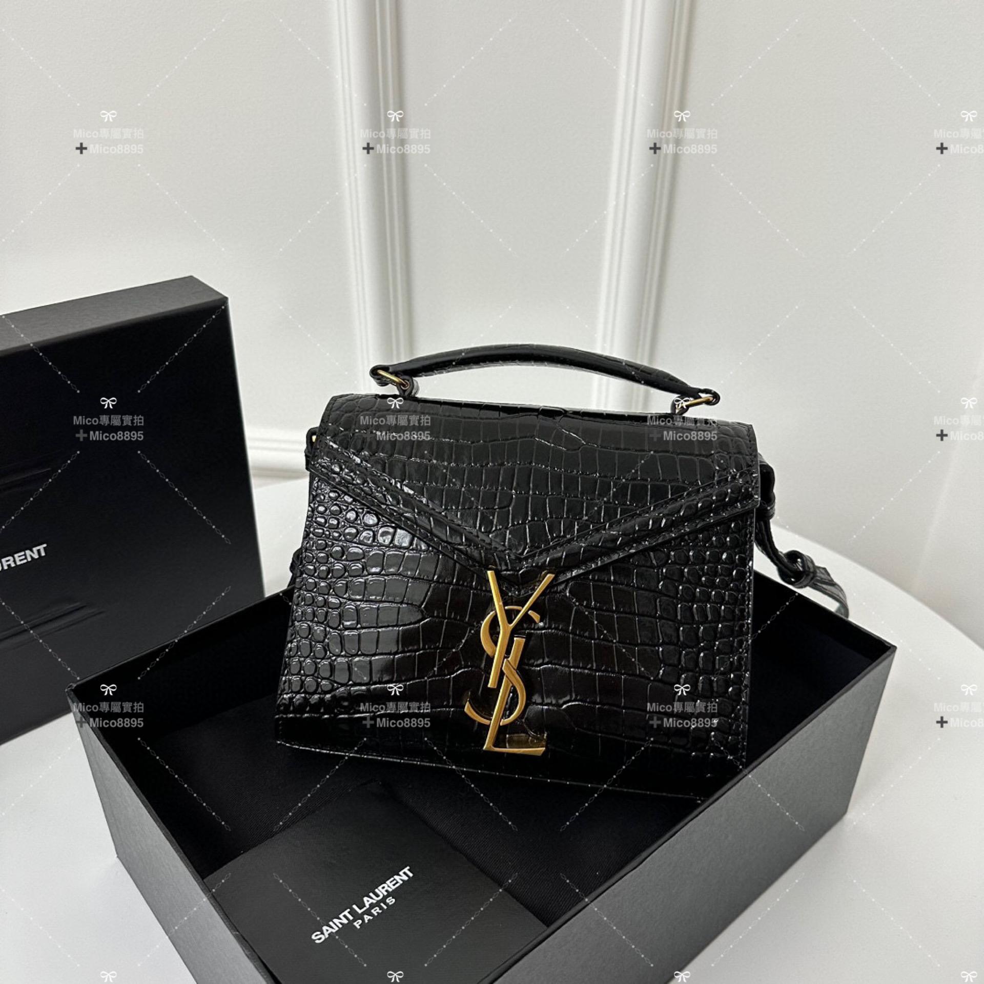 YSL Cassandra 黑色牛皮壓鱷魚紋 小號/20cm