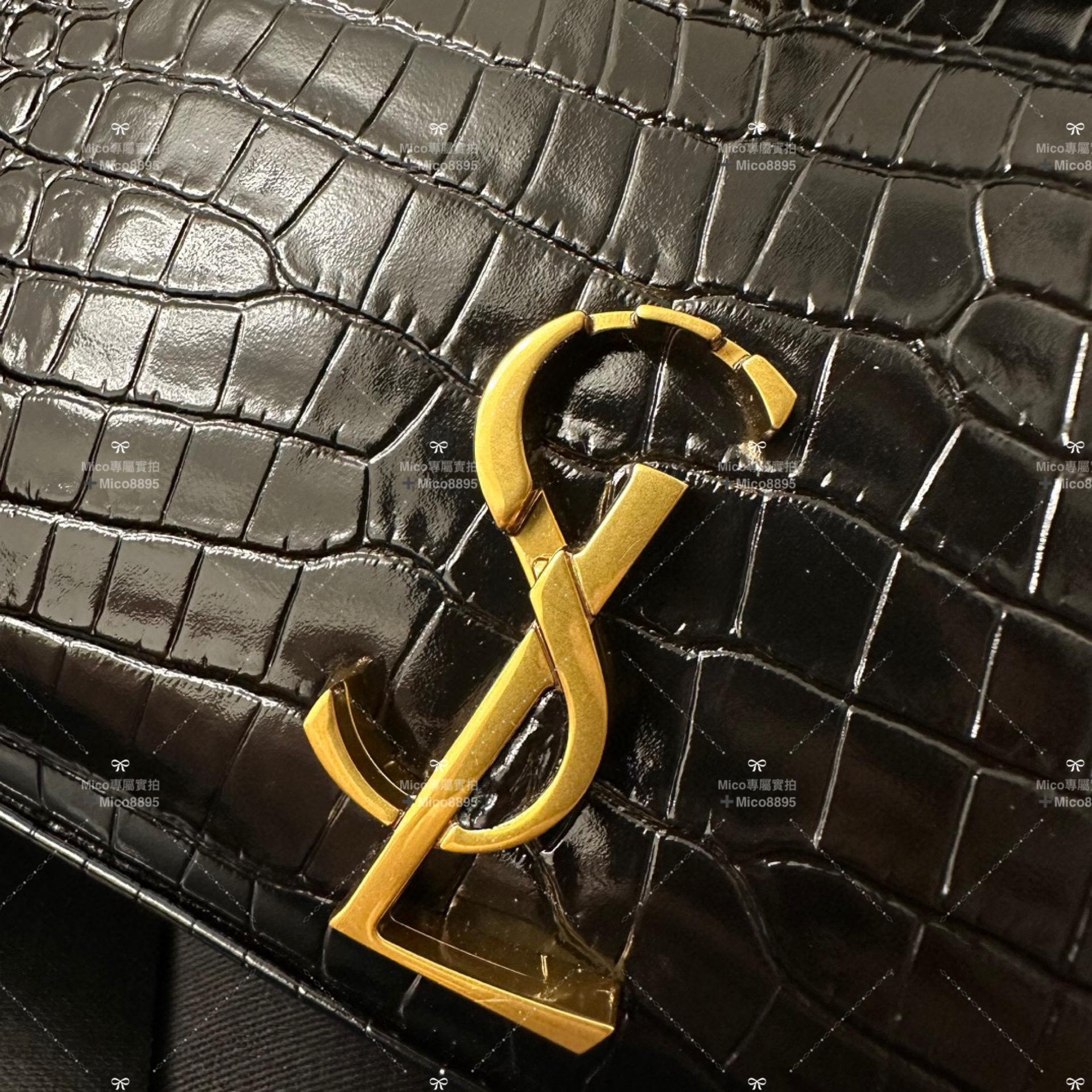 YSL Cassandra 黑色牛皮壓鱷魚紋 小號/20cm