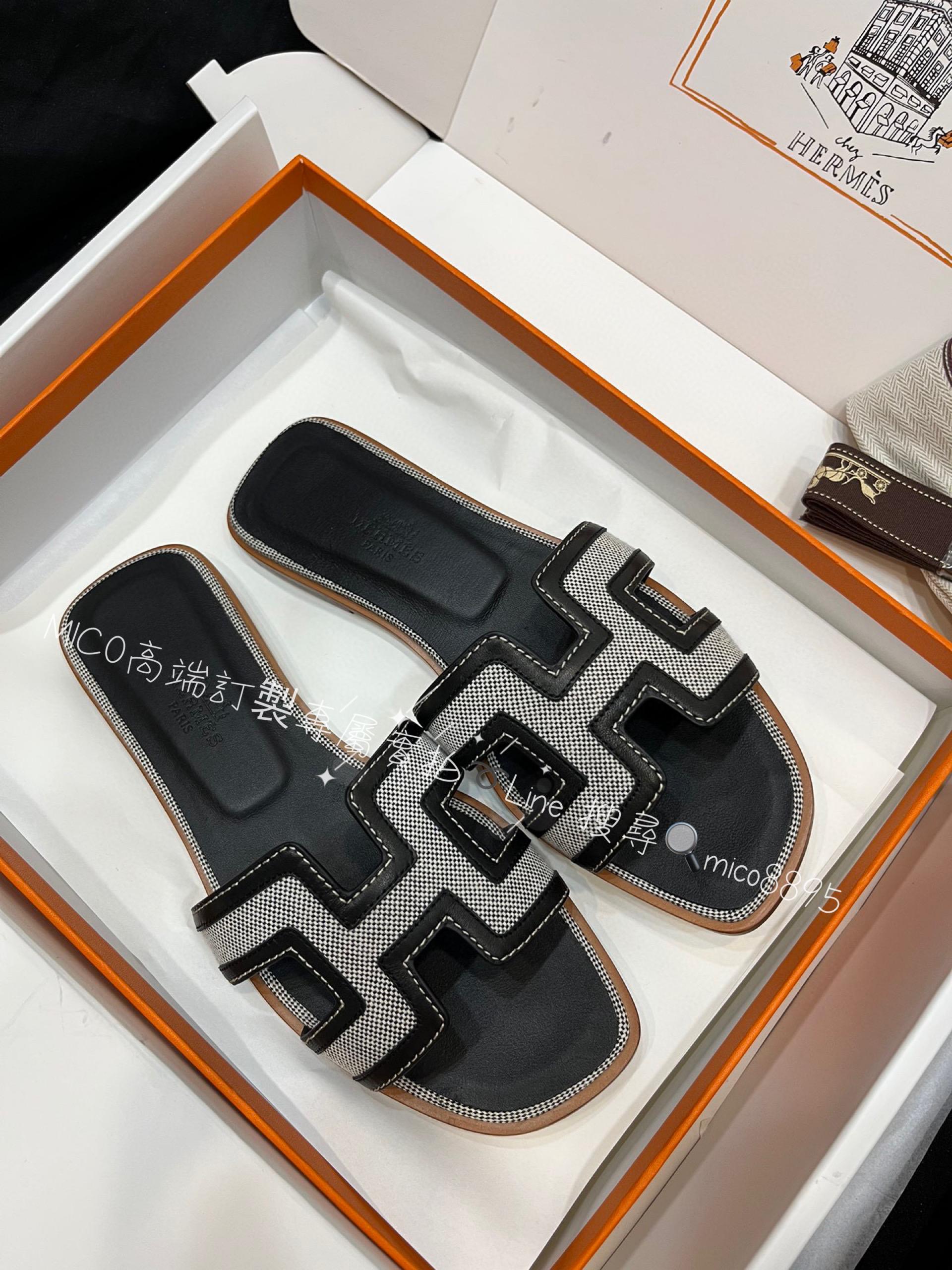 Hermes 帆布拼皮 拼色H拖鞋 35-40 （偏小一碼）