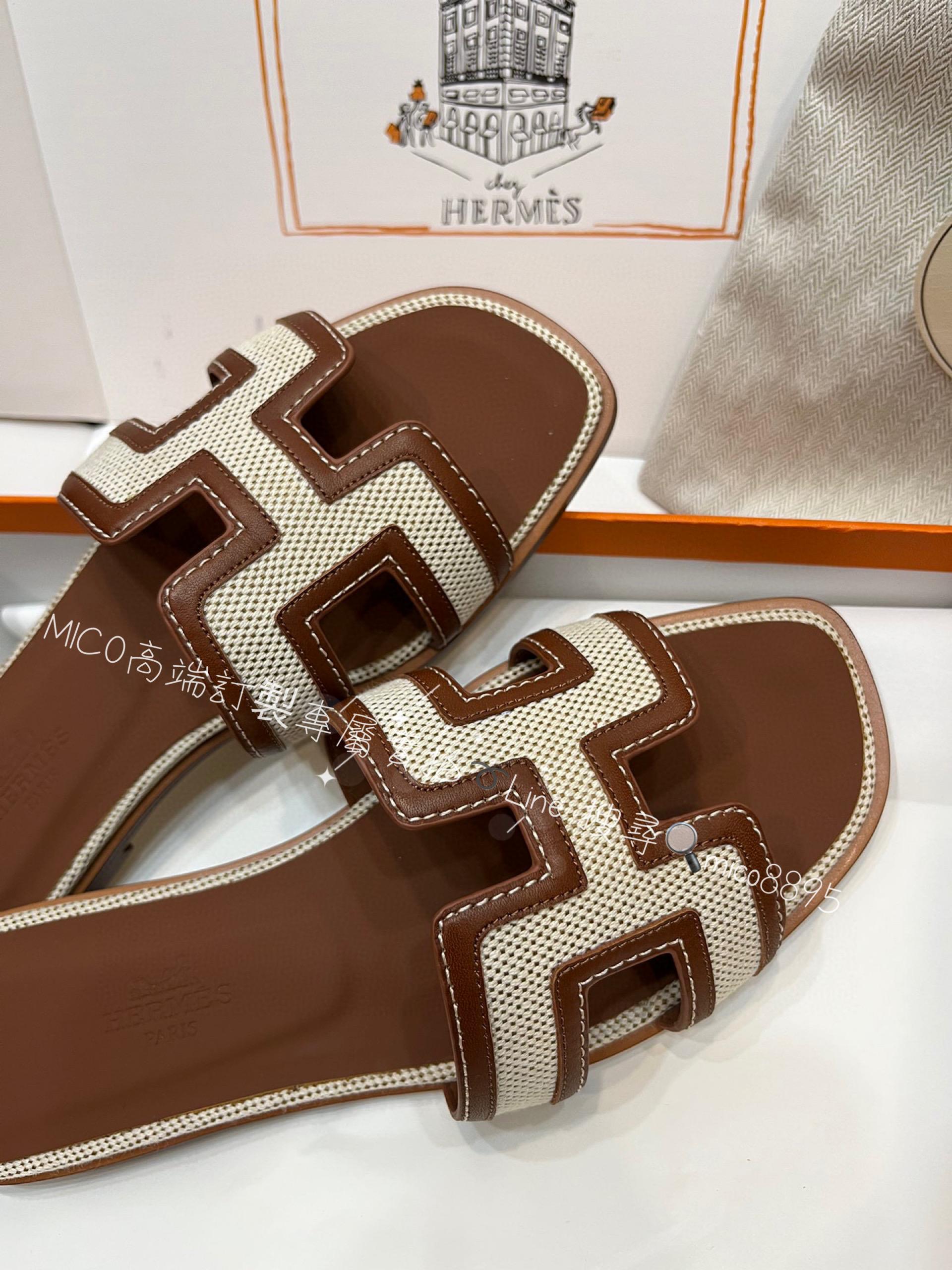 Hermes 帆布拼皮 拼色H拖鞋 35-40 （偏小一碼）