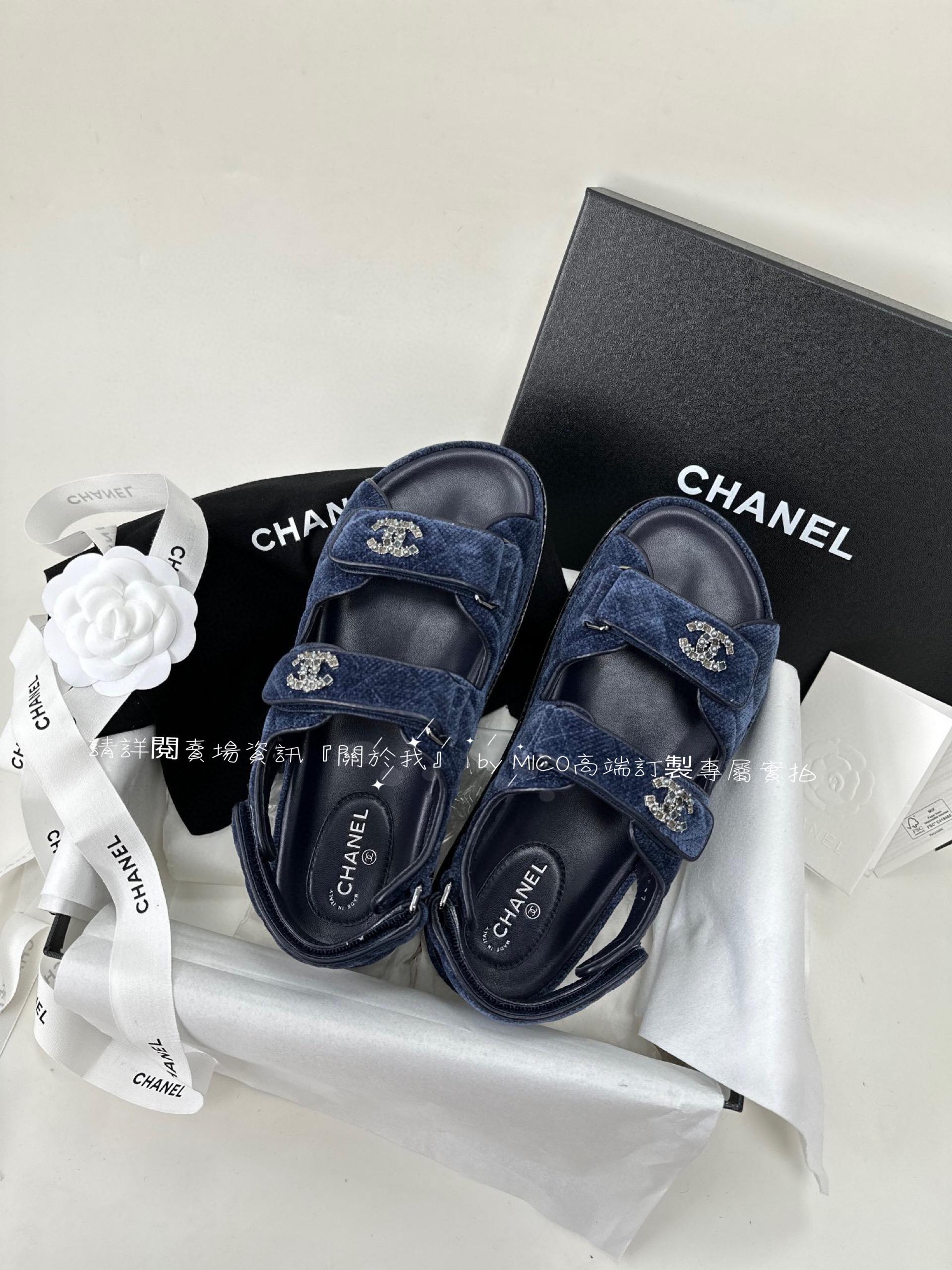 CHANEL 珍珠扣 絲絨牛仔魔術貼沙灘涼鞋 拖鞋 35-40