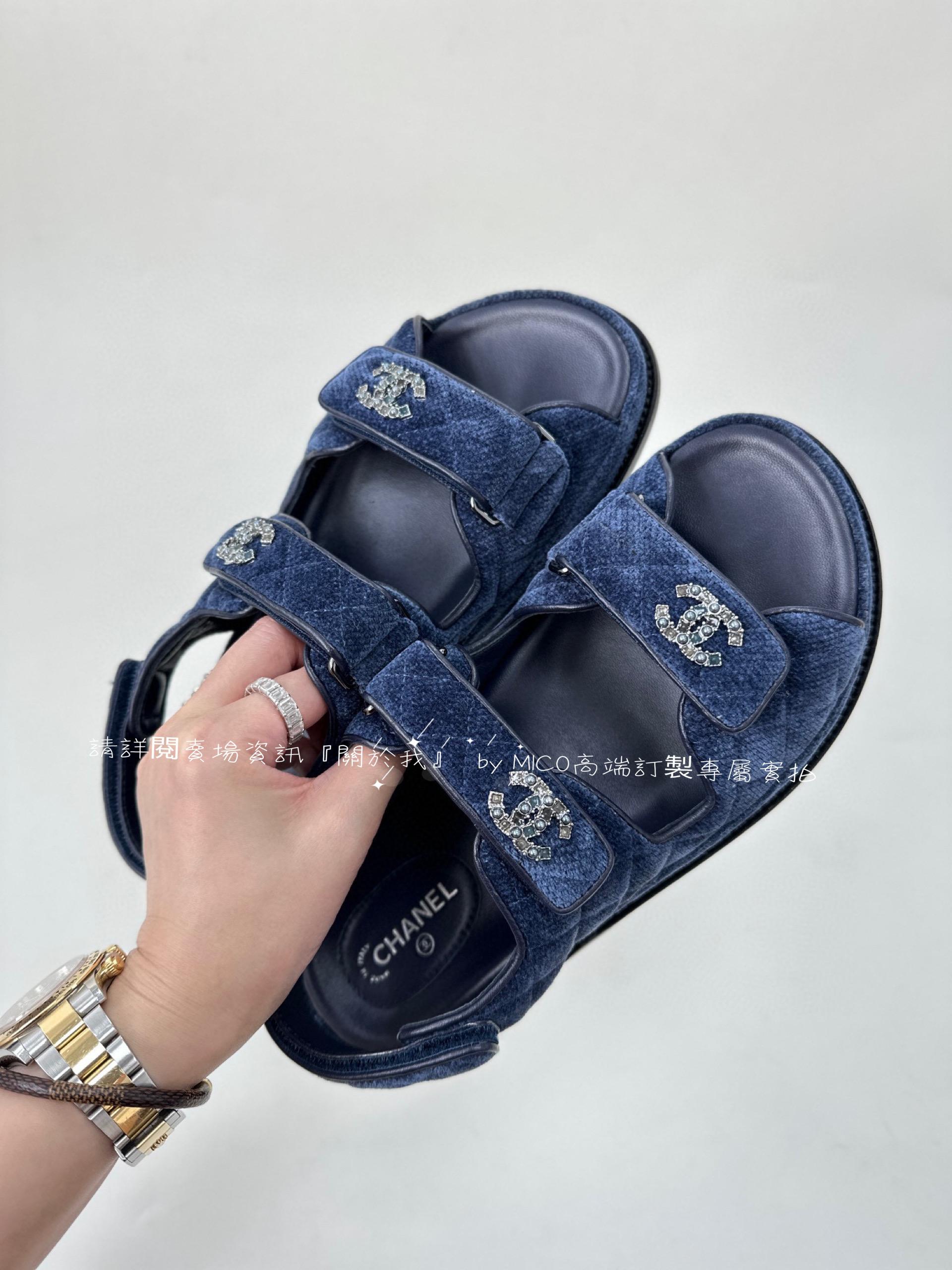 CHANEL 珍珠扣 絲絨牛仔魔術貼沙灘涼鞋 拖鞋 35-40