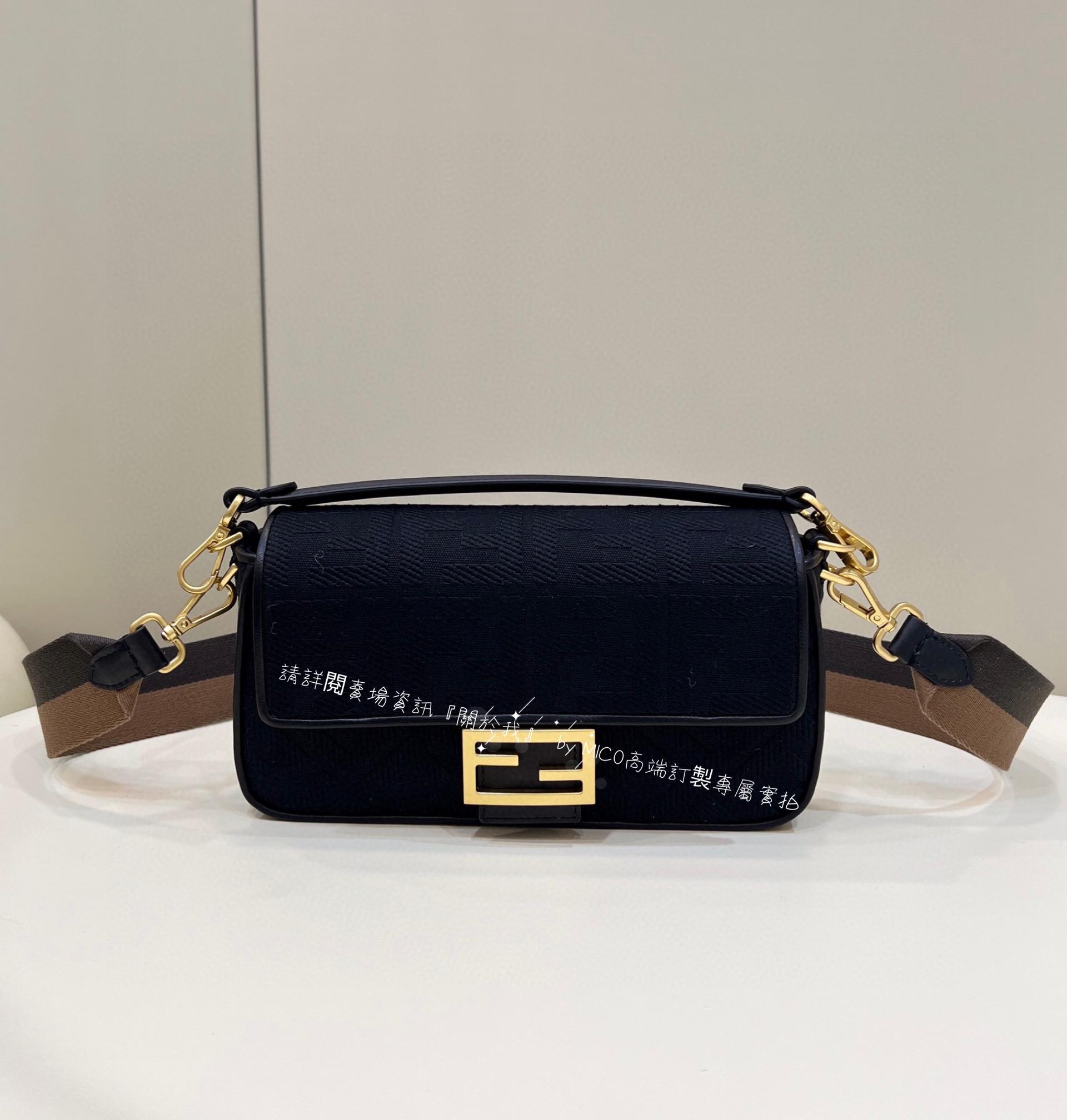 FENDI 經典 Baguette 法棍包 立體刺繡 黑色 27cm