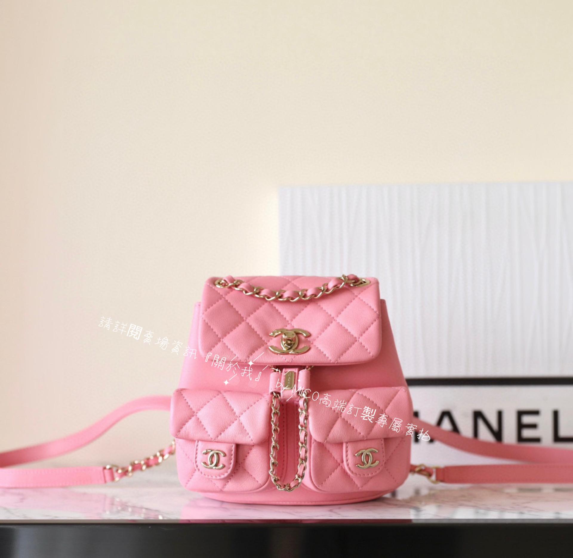 CHANEL 雙口袋青蛙背包 櫻花粉🌸小號 牛皮/淡金釦 17.5cm