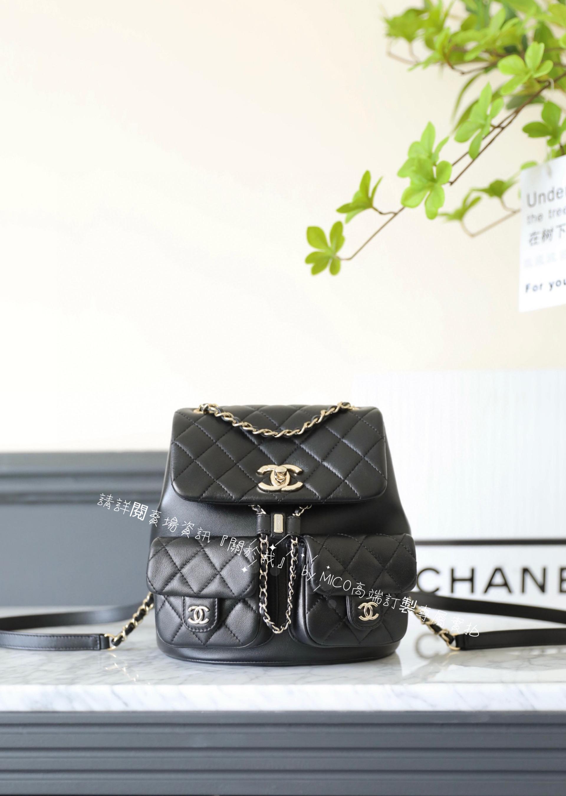 CHANEL 雙口袋青蛙背包 黑色♥ 大號 牛皮/淡金釦 20.5cm