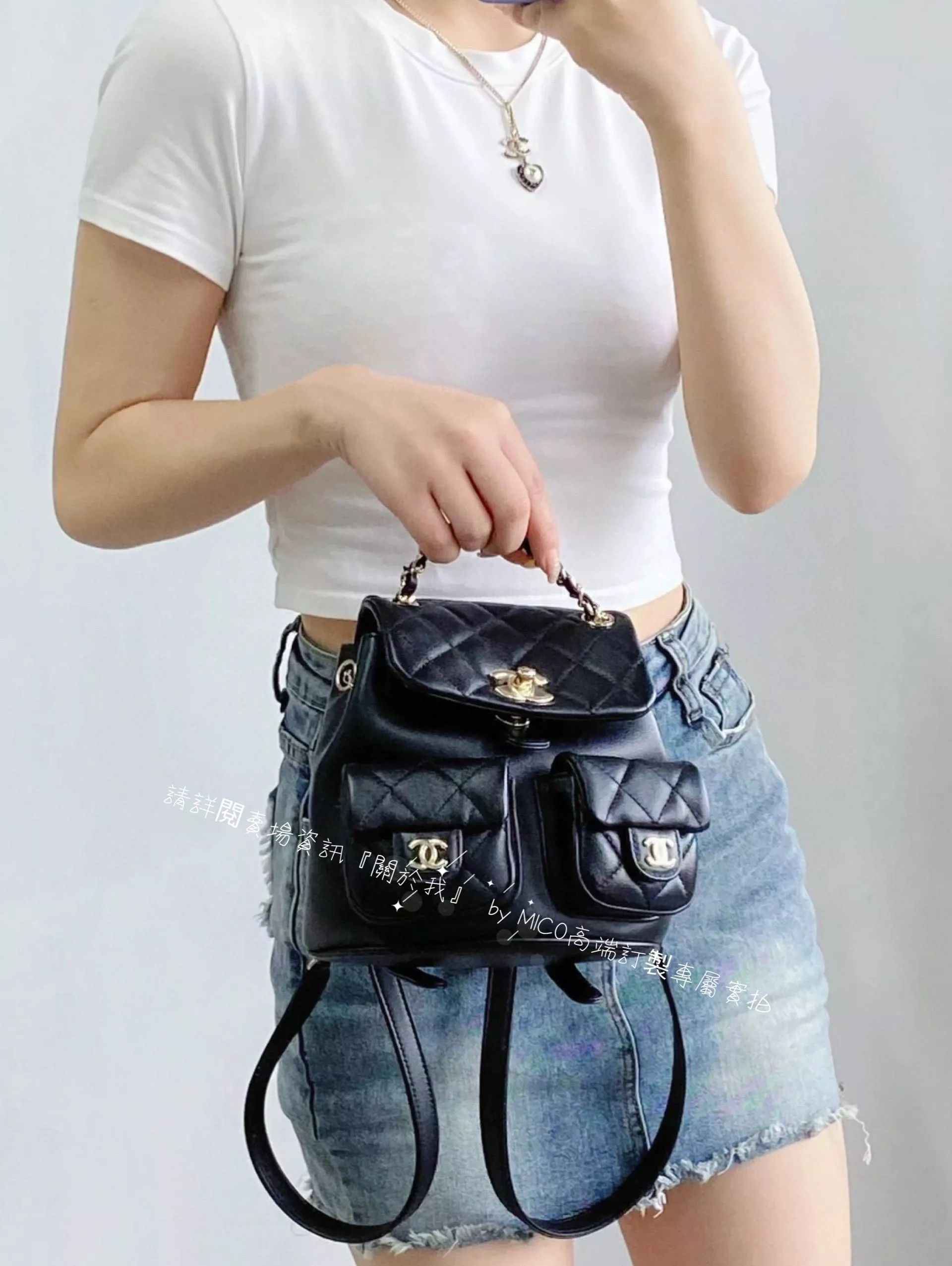 CHANEL 雙口袋青蛙背包黑色♥小號 牛皮/淡金釦 17.5cm