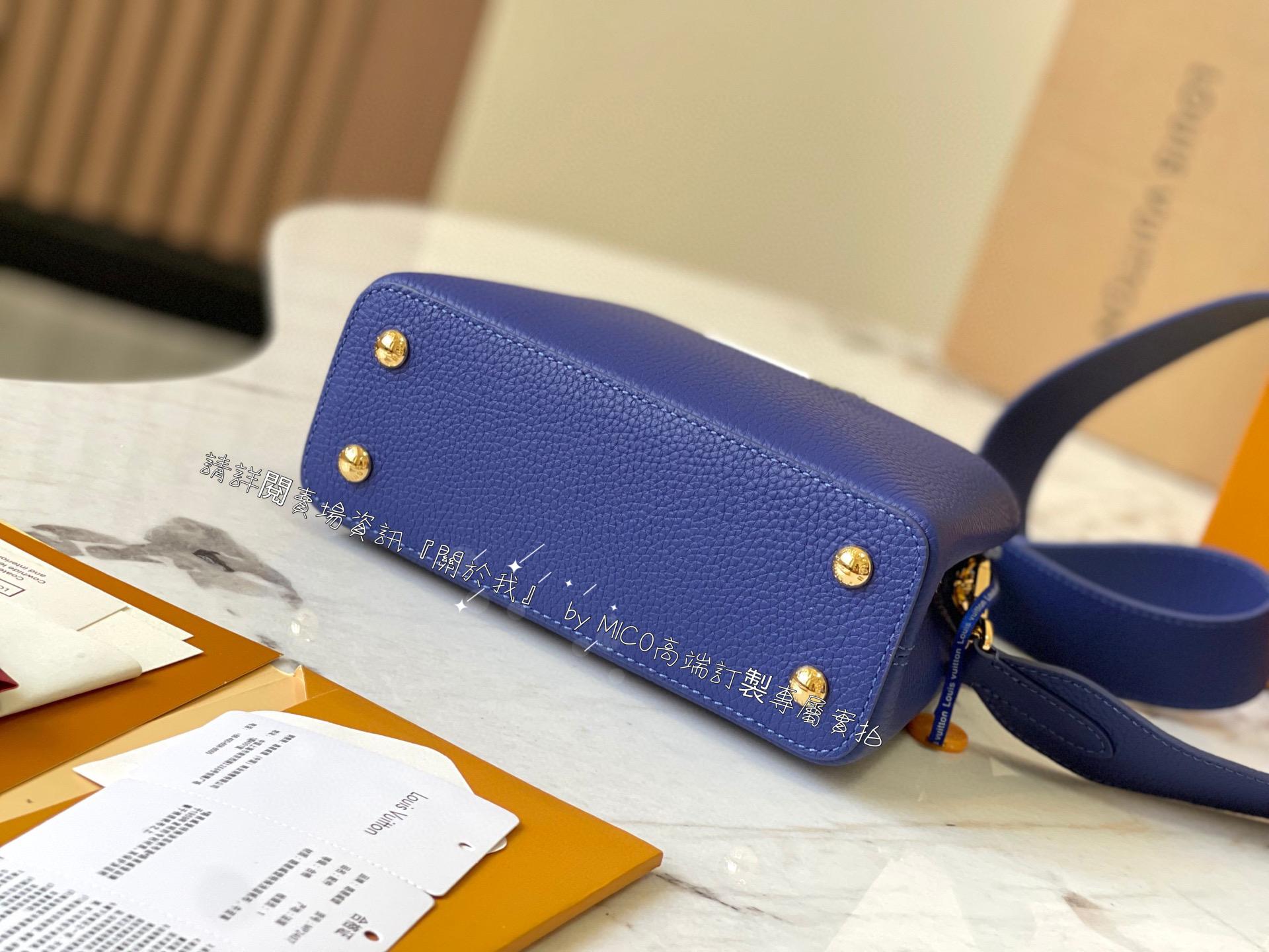 LV 路易威登 經典款 藍色粒面牛皮 拼色 mini Capucines 21cm