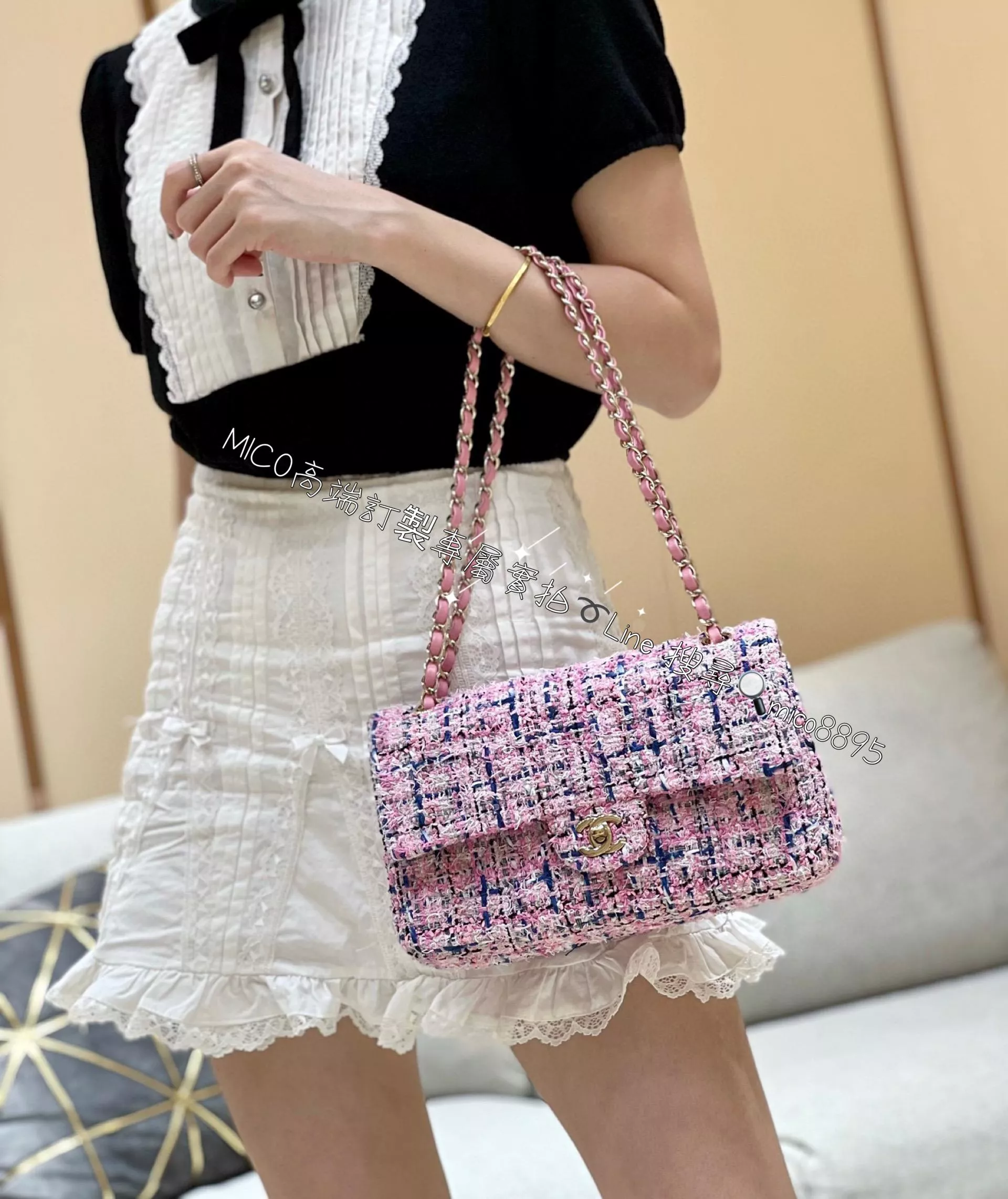 CHANEL 季節款 粉色毛呢拼皮CF口蓋包 25cm