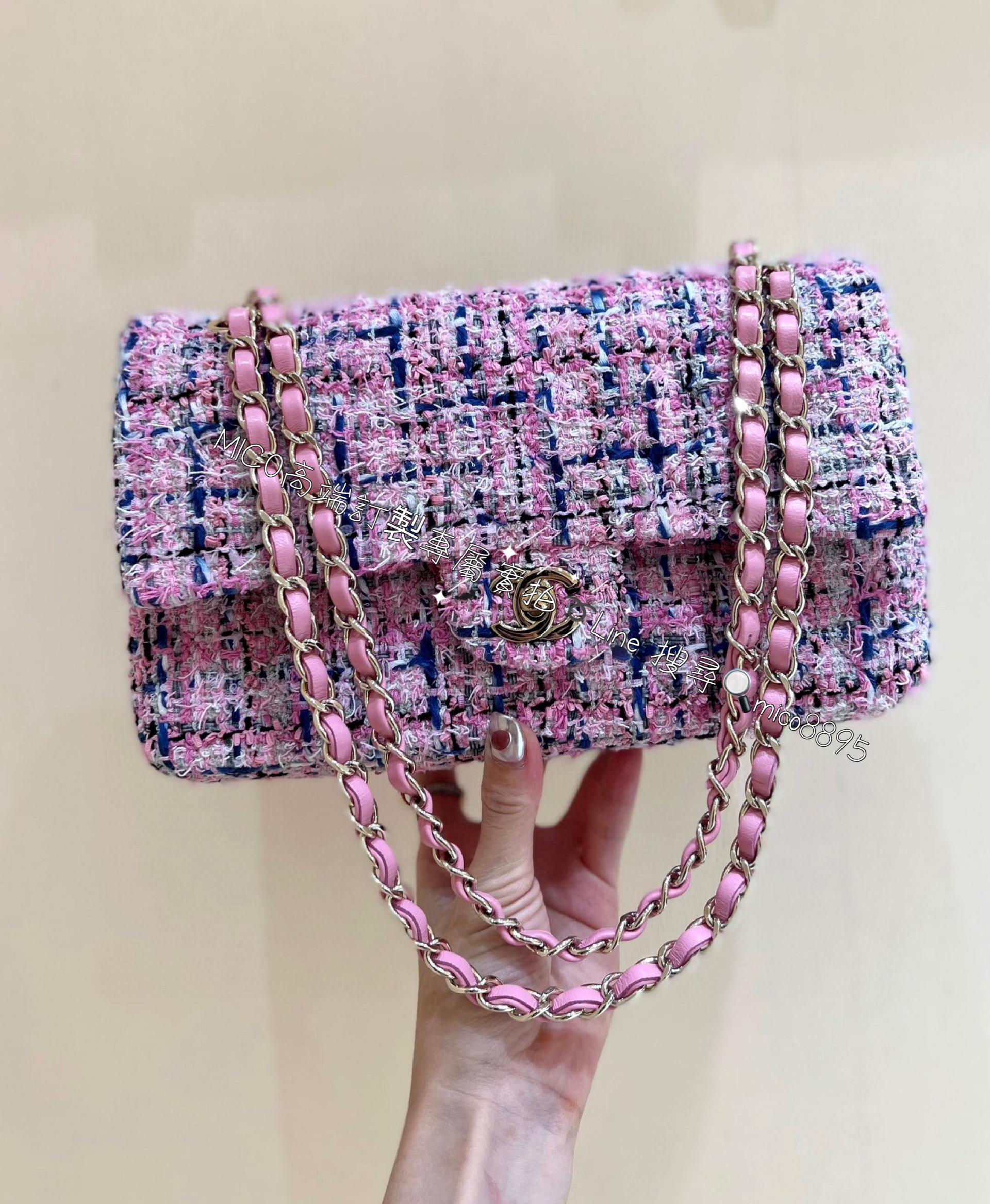 CHANEL 季節款 粉色毛呢拼皮CF口蓋包 25cm