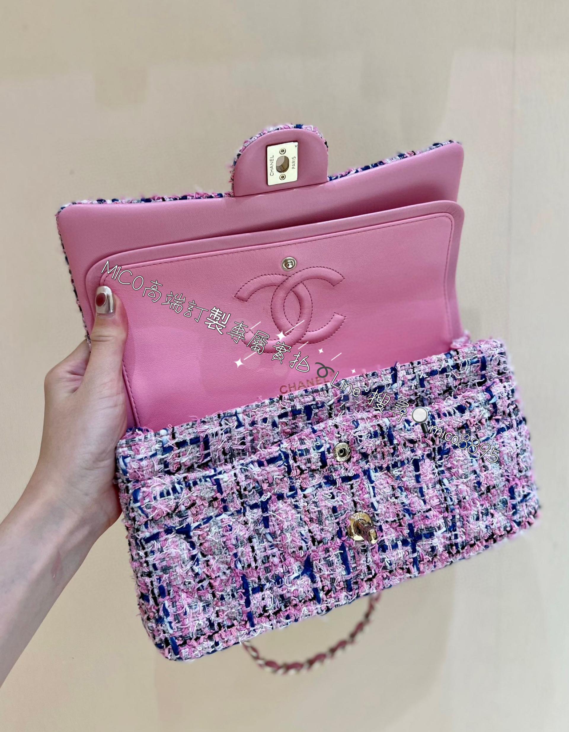 CHANEL 季節款 粉色毛呢拼皮CF口蓋包 25cm