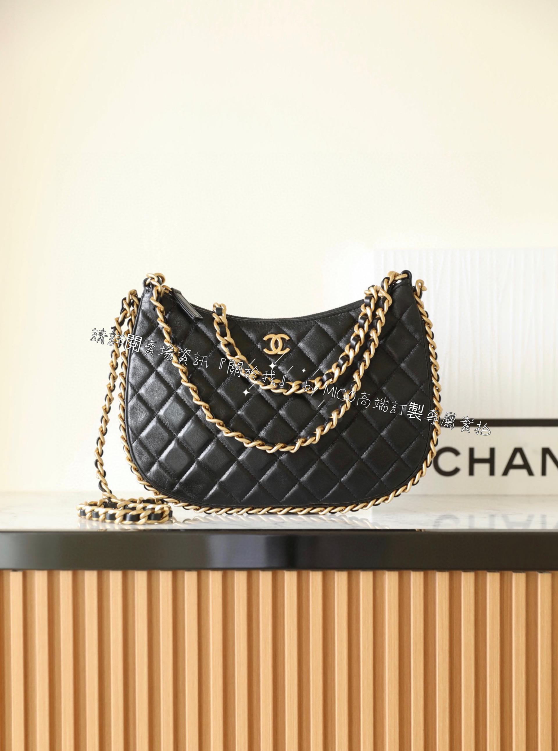 Chanel 𝟤𝟥𝖡 雙鏈𝗁𝗈𝖻𝗈嬉皮包 鏈條包 小羊皮/黑色 尺寸： 𝟣𝟪*𝟤𝟫*𝟤 𝖼𝗆