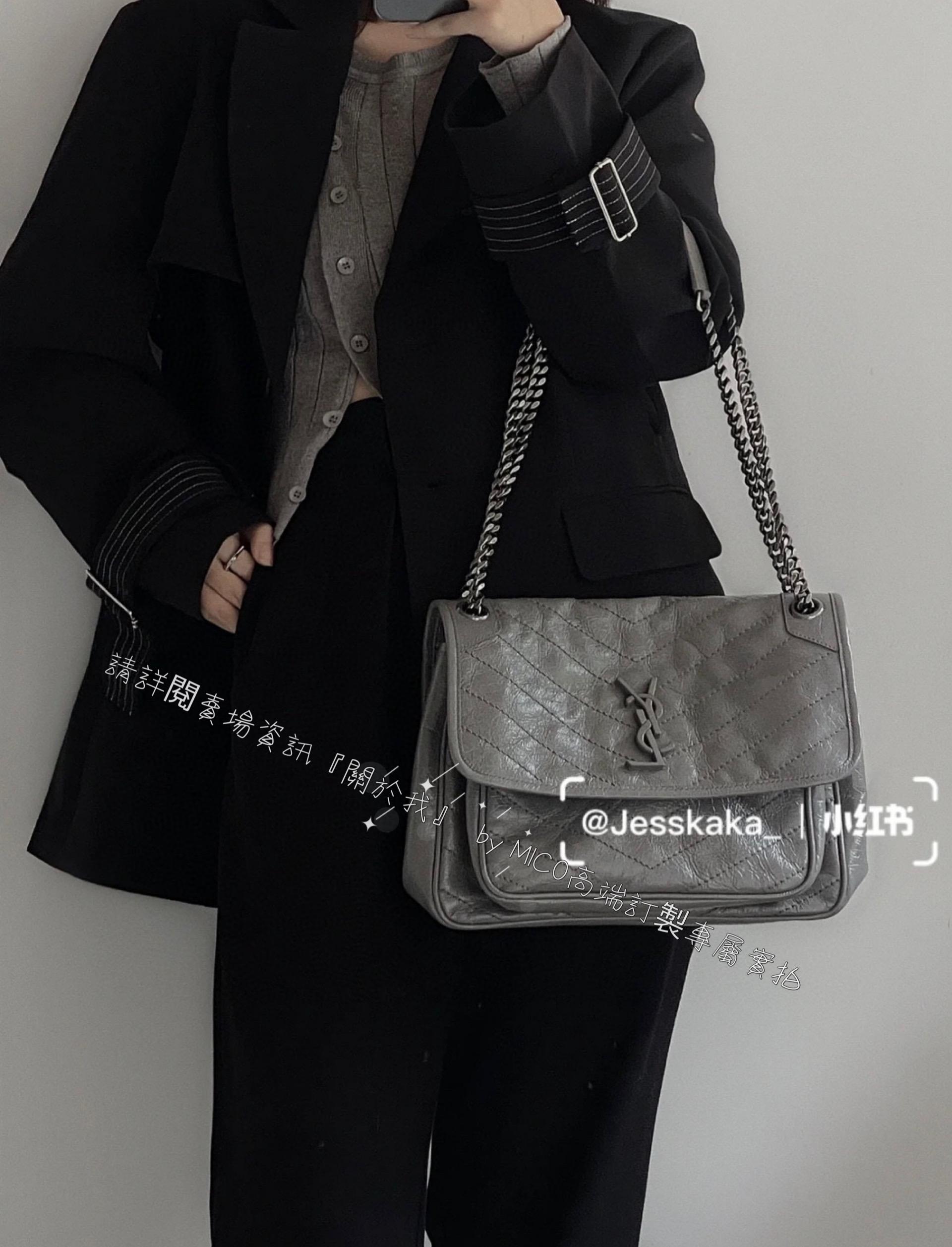 YSL 聖羅蘭 經典Niki包 通勤包 深灰色/中號 28cm