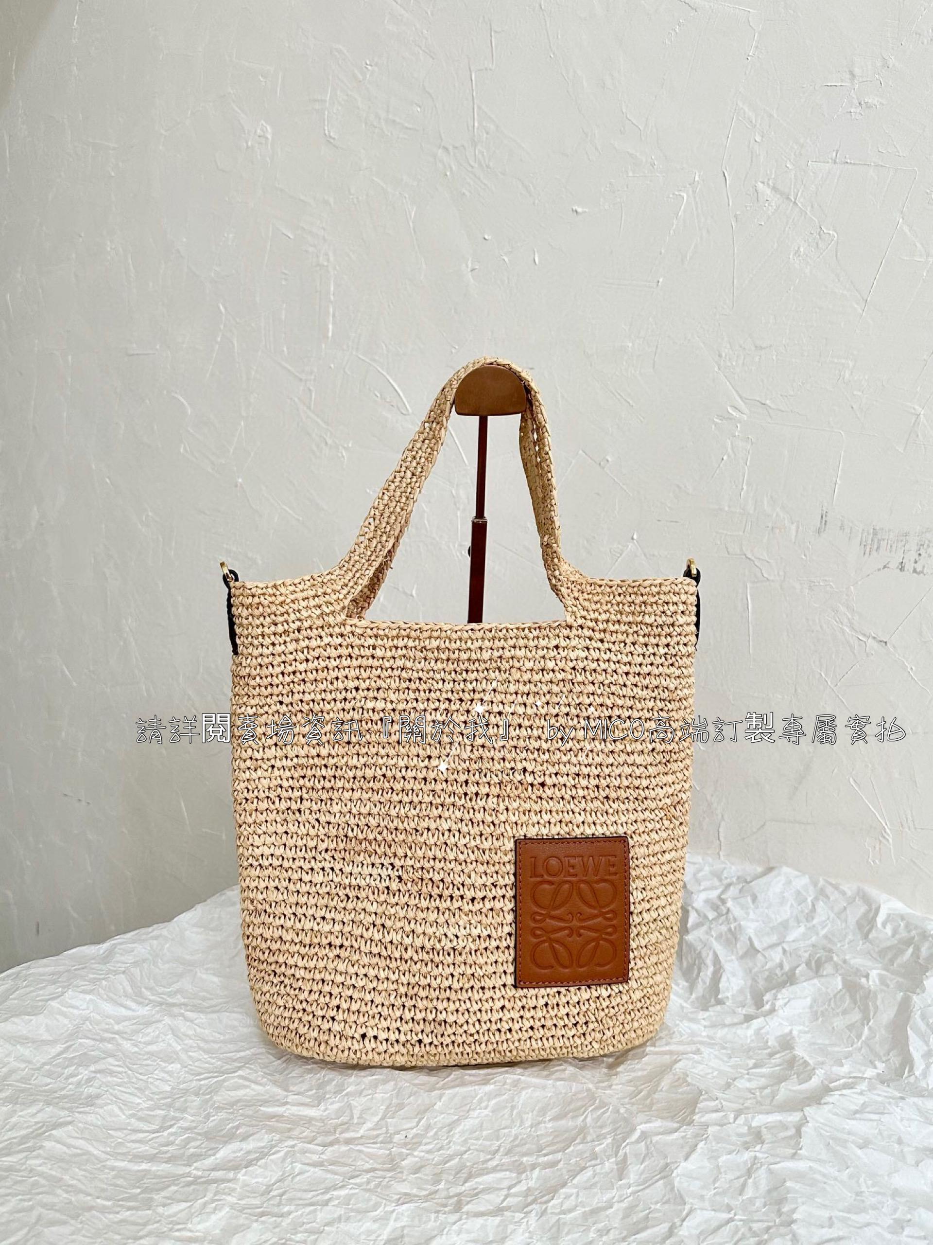 LOEWE 米色 mini slit寬肩帶斜挎草編tote/草編包 30×30×8cm