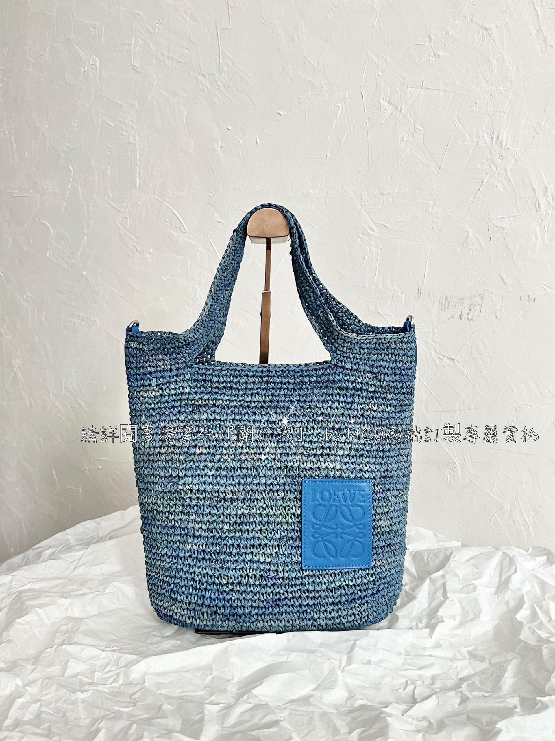 LOEWE 藍色 mini slit寬肩帶斜挎草編tote/草編包 30×30×8cm