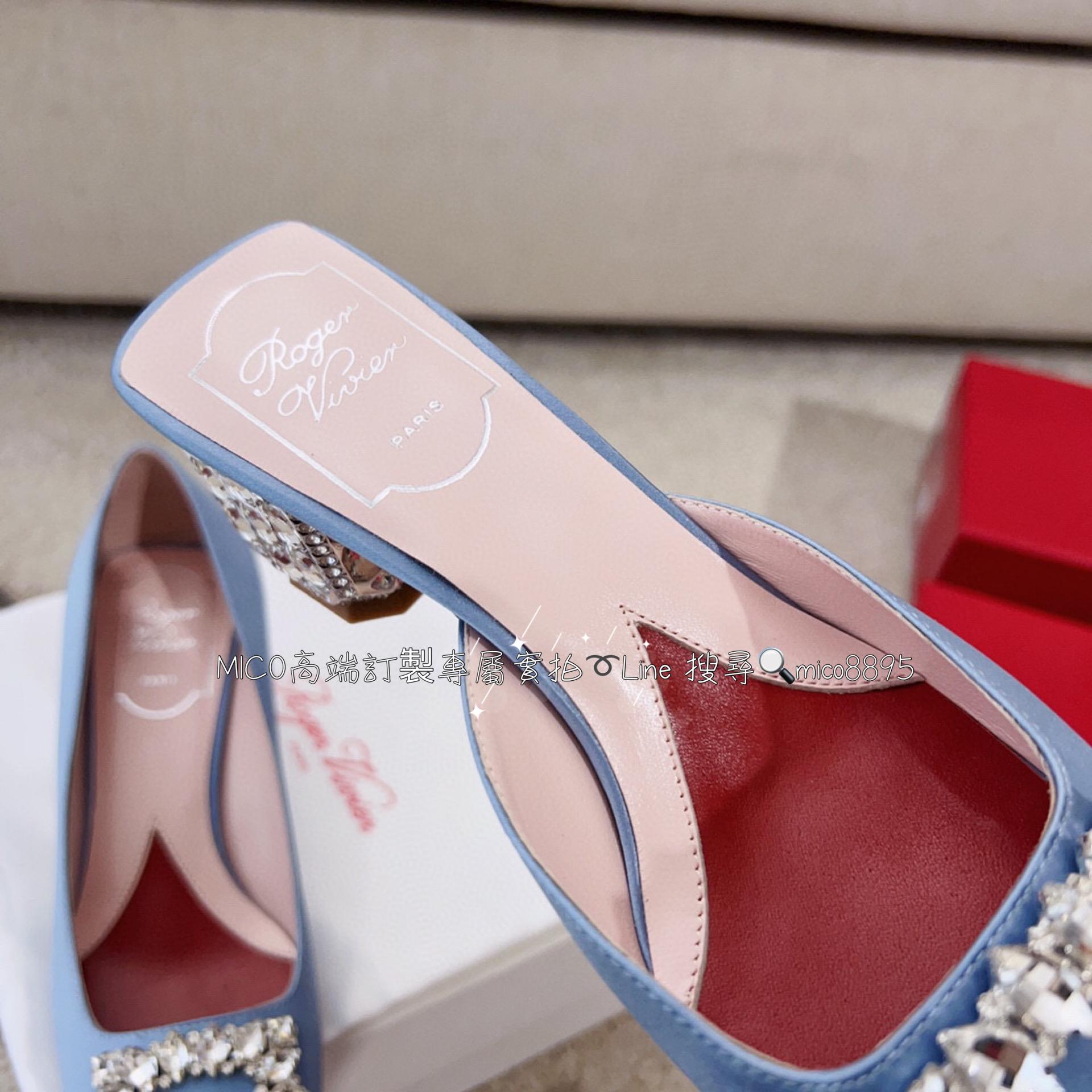 Roger Vivier 霧霾藍 Jewel Heel 施華洛世奇水鑽跟 半拖款 方頭真絲高跟鞋/涼鞋/拖鞋/ 跟高5.5cm 碼數：35-39