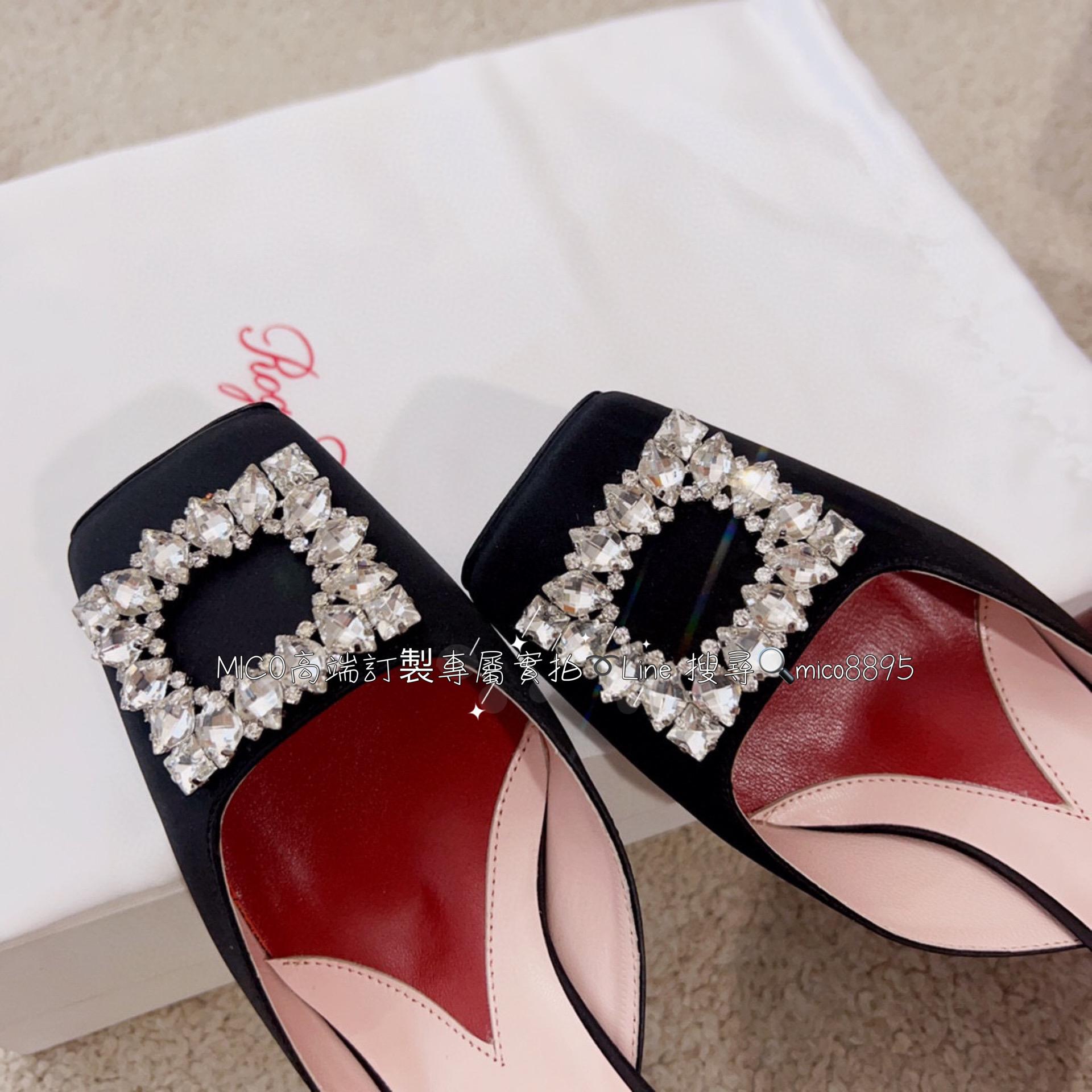 Roger Vivier 真絲黑 Jewel Heel 半拖款 施華洛世奇水鑽跟 方頭真絲高跟鞋/涼鞋/拖鞋/ 跟高5.5cm 碼數：35-39