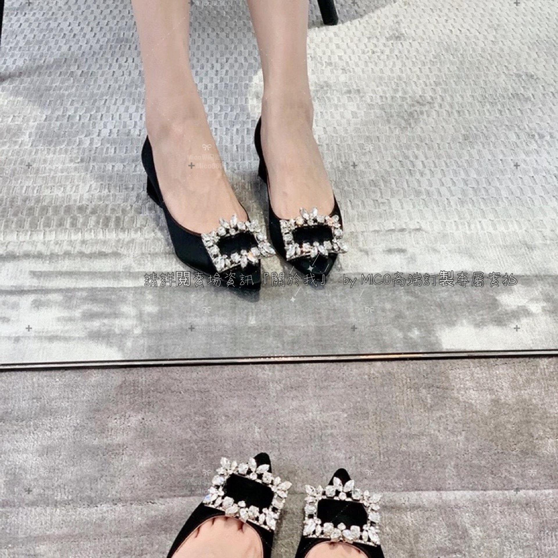 Roger Vivier 黑色真絲 凡爾賽鑽釦小方跟高跟鞋 RV 復古粗跟高跟鞋 4.5cm 35-39