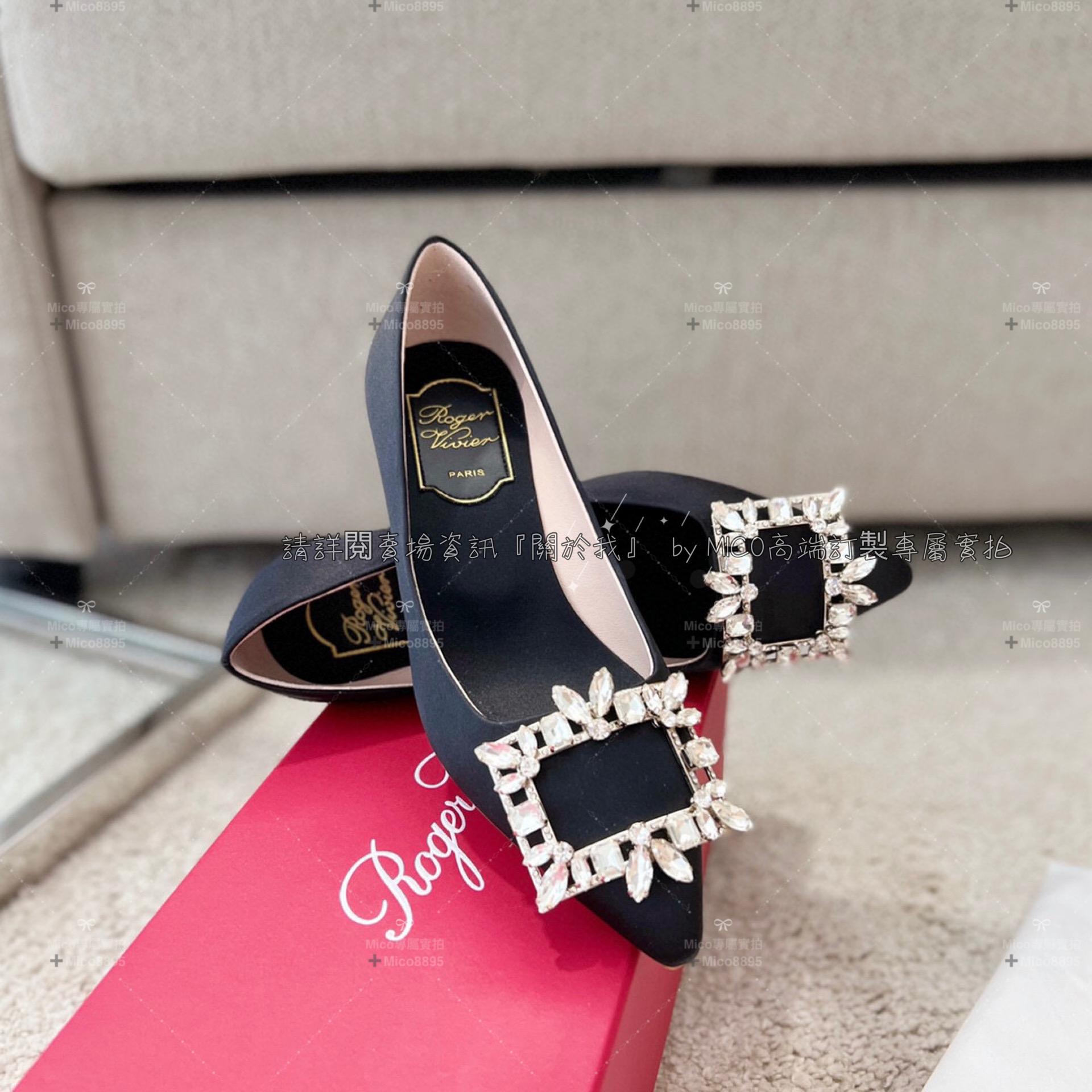 Roger Vivier 黑色真絲 凡爾賽鑽釦小方跟高跟鞋 RV 復古粗跟高跟鞋 4.5cm 35-39