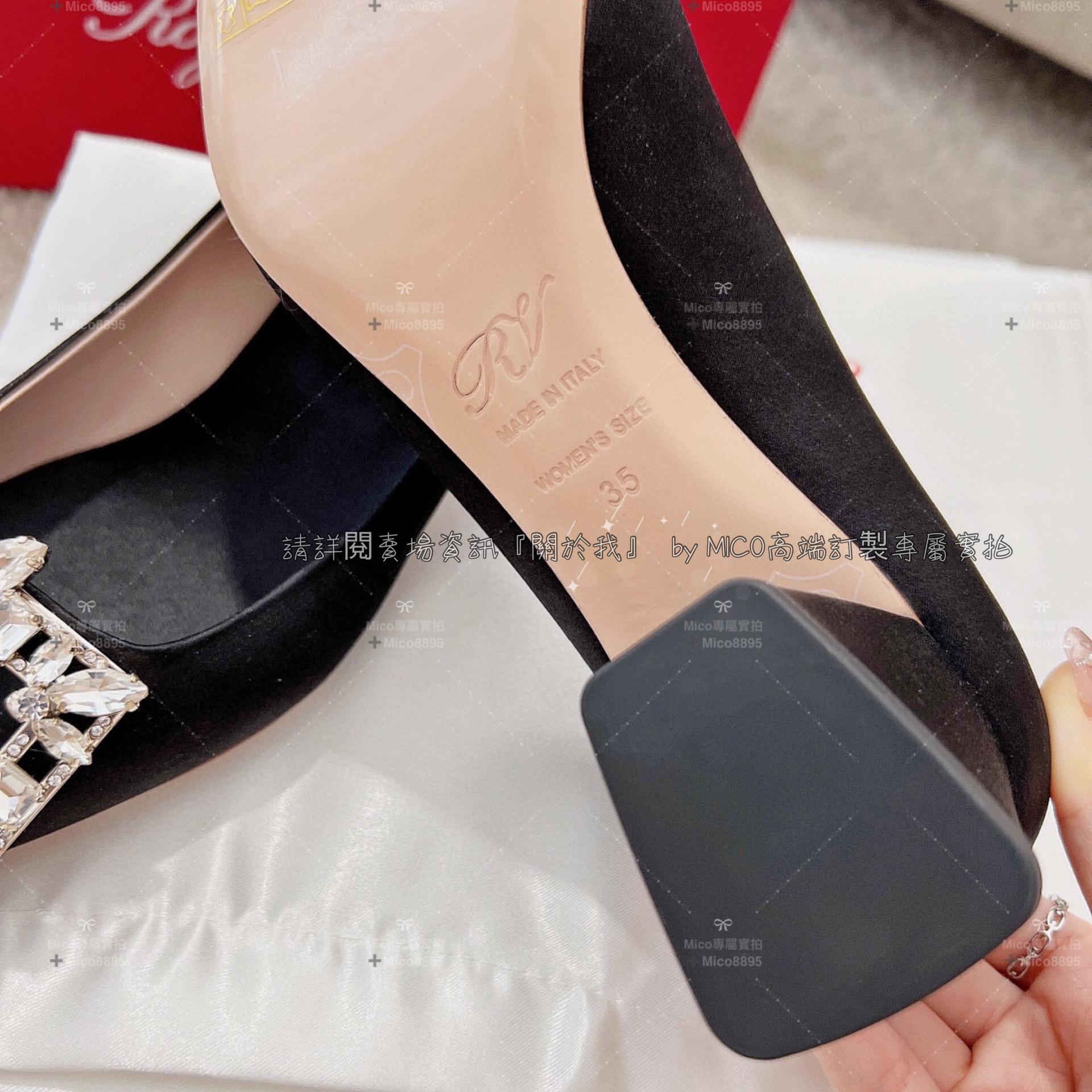 Roger Vivier 黑色真絲 凡爾賽鑽釦小方跟高跟鞋 RV 復古粗跟高跟鞋 4.5cm 35-39