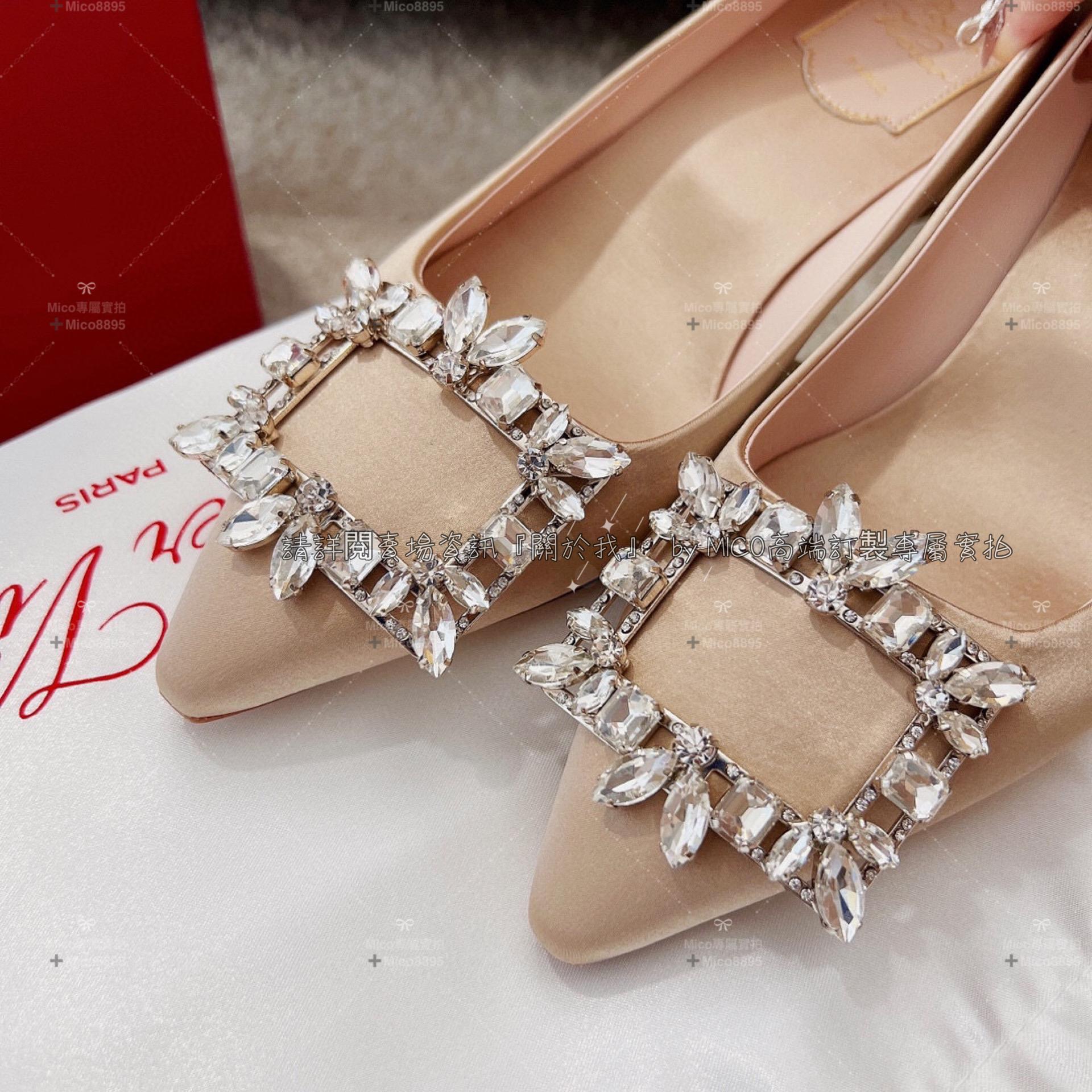 Roger Vivier 香檳金色真絲 凡爾賽鑽釦小方跟高跟鞋 RV 復古粗跟高跟鞋 4.5cm 35-39