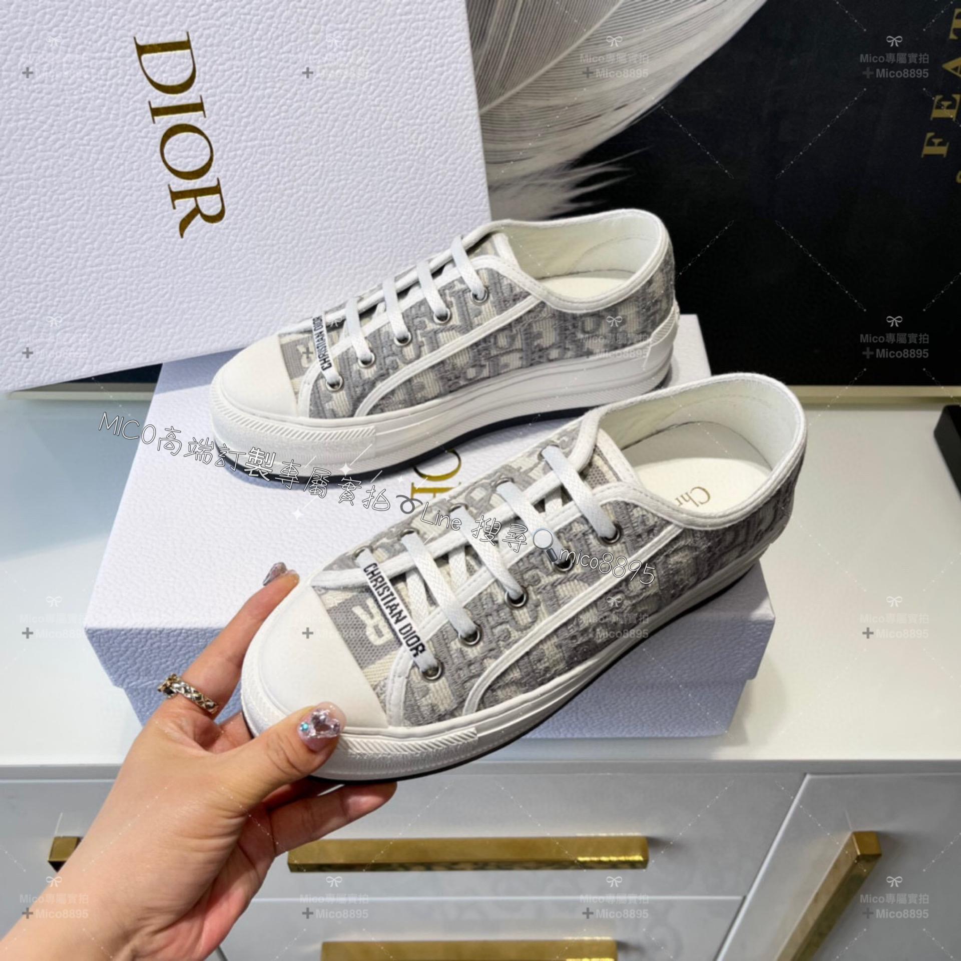 Dior 新款Walk'n系列 灰色老花刺繡 情侶款厚底帆布鞋 休閒鞋 底厚: 4.5cm 碼數: 女35-39  男 40-44