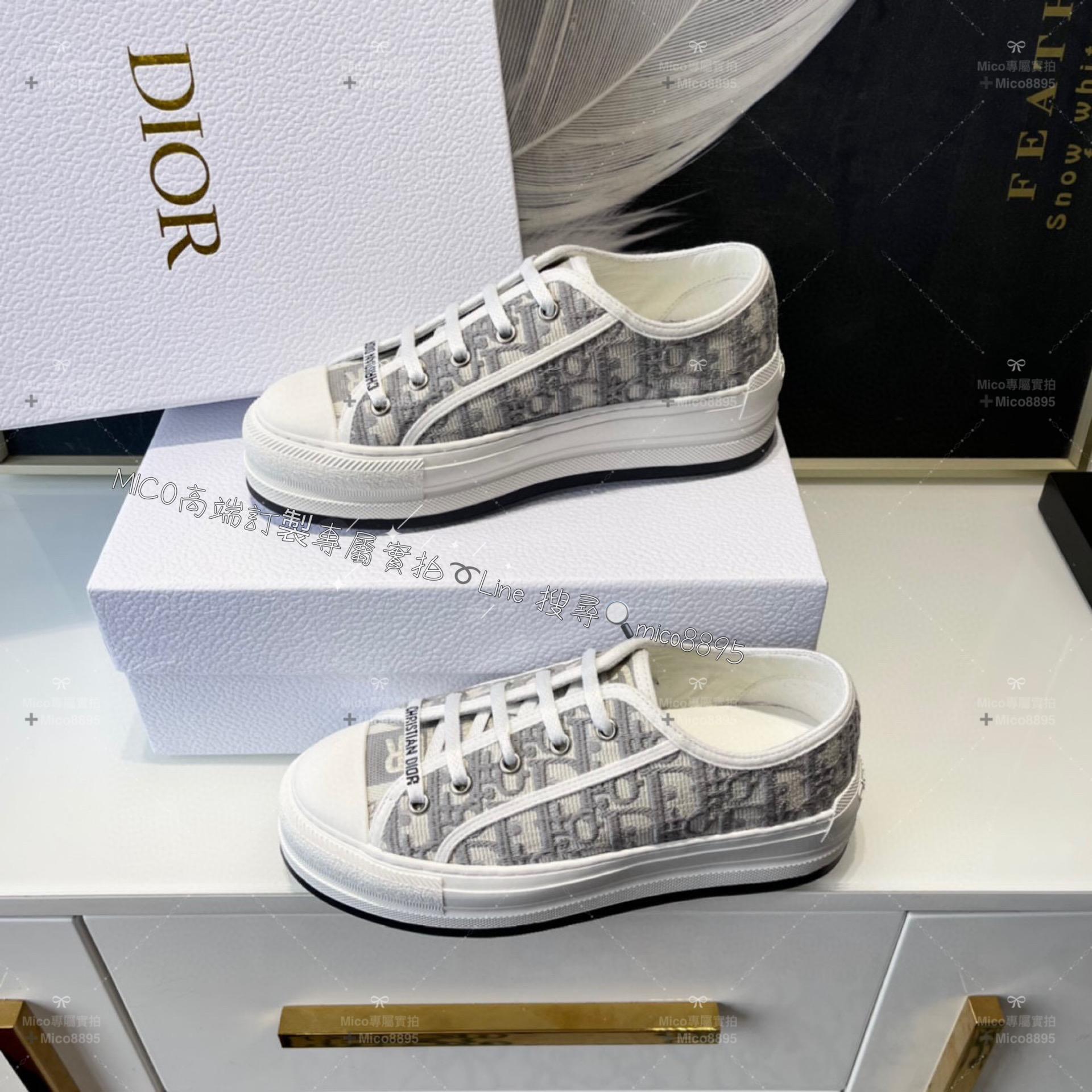 Dior 新款Walk'n系列 灰色老花刺繡 情侶款厚底帆布鞋 休閒鞋 底厚: 4.5cm 碼數: 女35-39  男 40-44