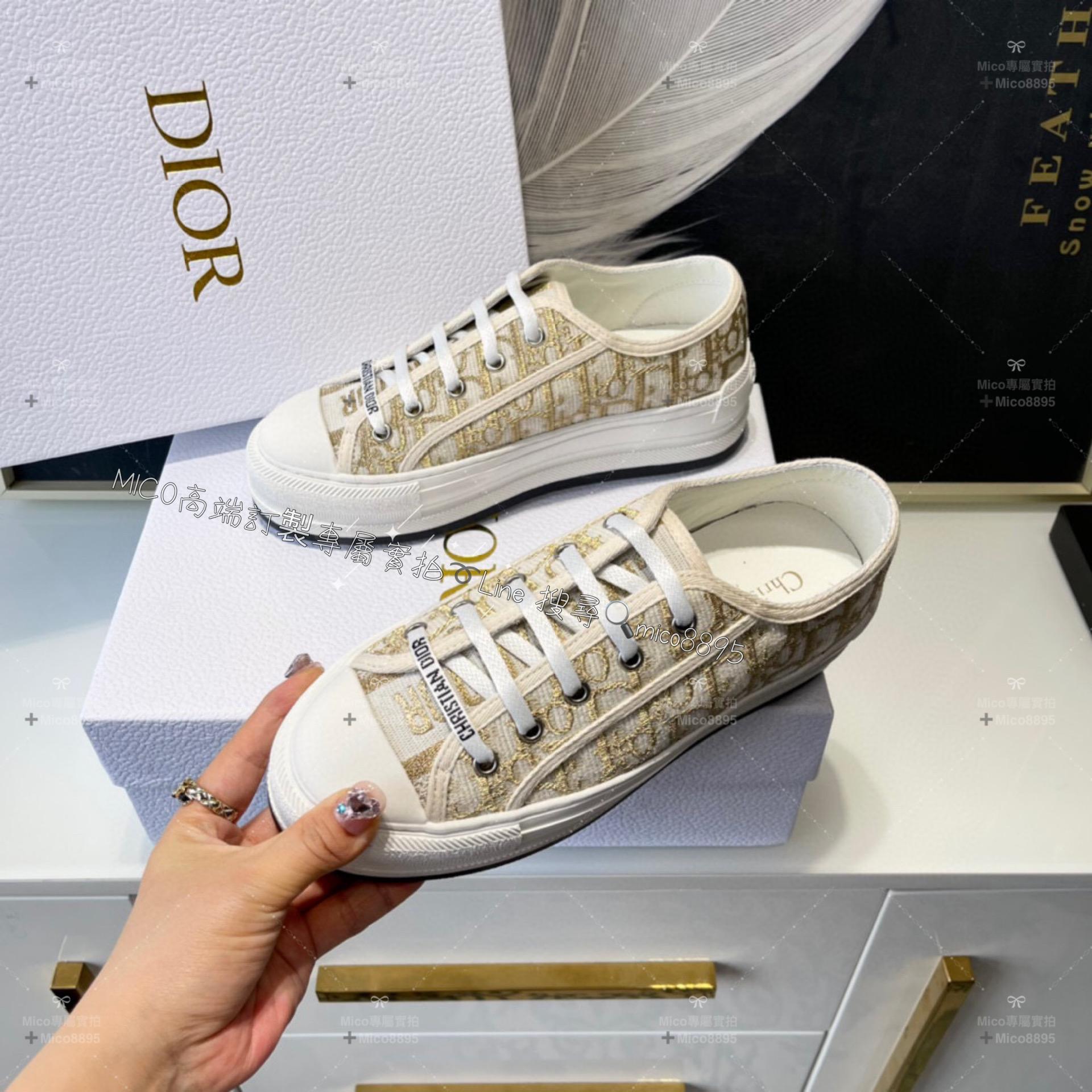 Dior 新款Walk'n系列 金色老花刺繡 情侶款厚底帆布鞋 休閒鞋 底厚: 4.5cm 碼數: 女35-39  男 40-44