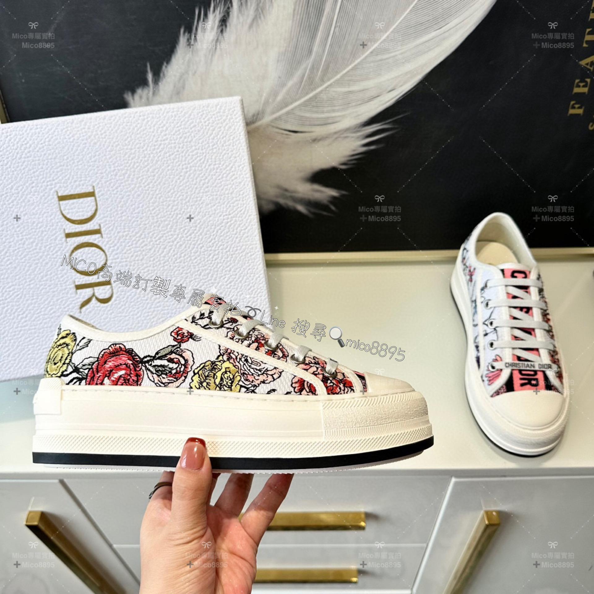 Dior 新款Walk'n系列 立體刺繡花朵 情侶款厚底帆布鞋 休閒鞋 底厚: 4.5cm 碼數: 女35-39  男 40-44