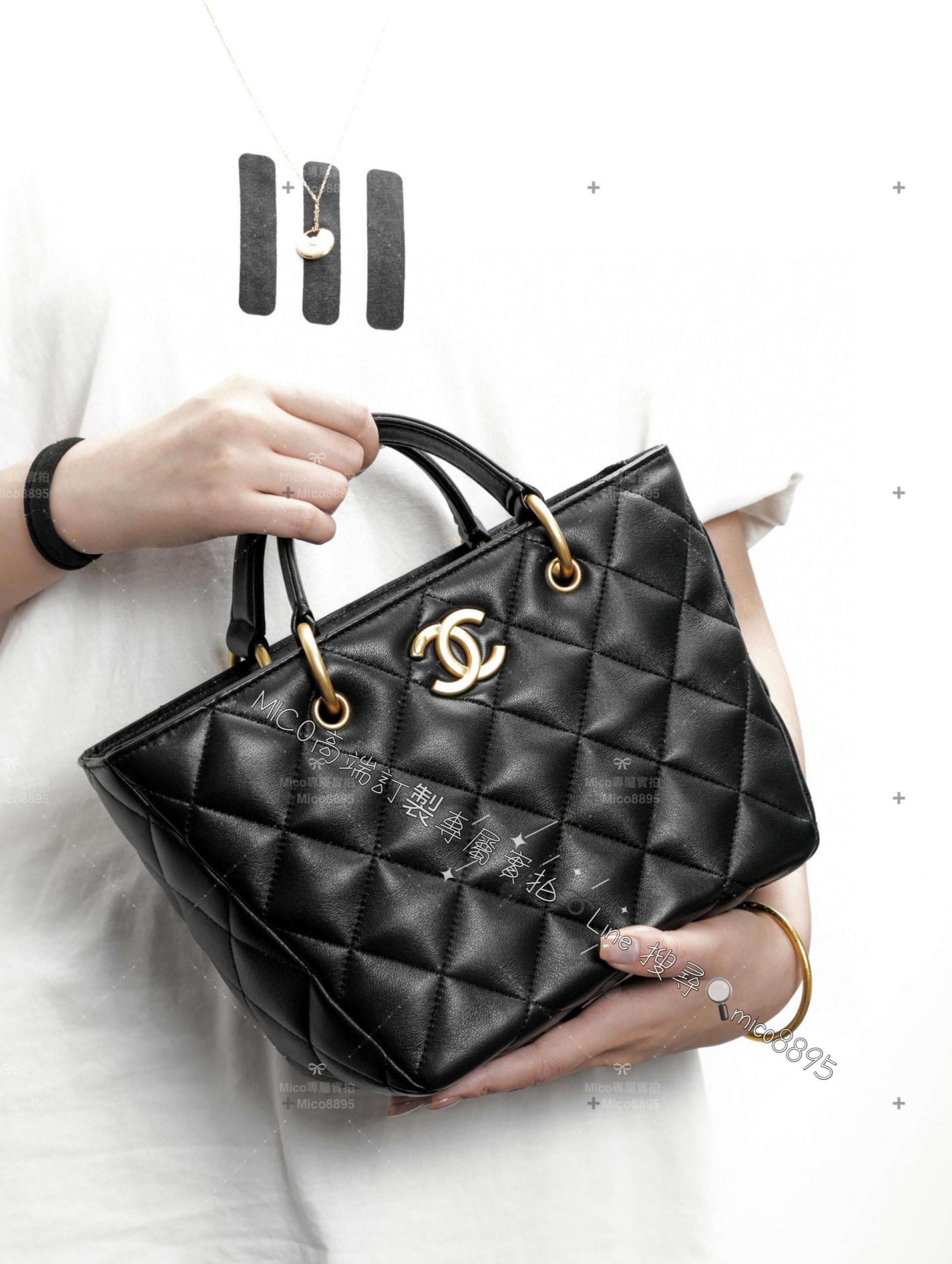 CHANEL 23B 黑色綿羊皮菜籃子tote 斜背包/手提包 27*20cm