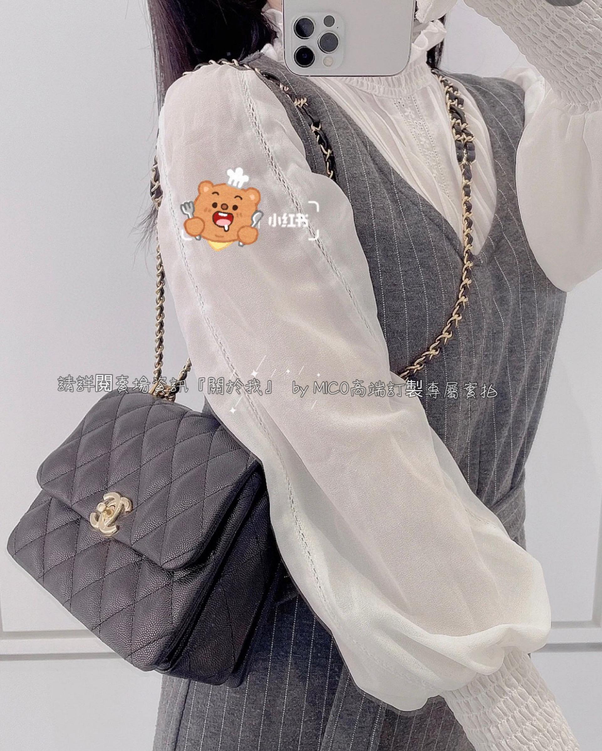 CHANEL 22k 黑色 雙排雙c鏈荔枝牛皮方胖子 20cm