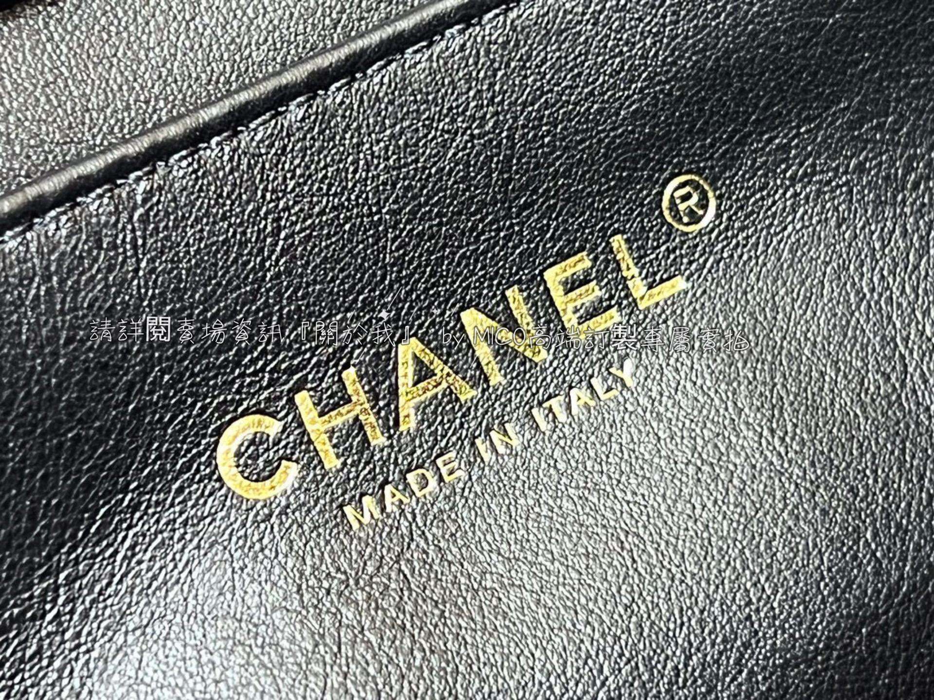 CHANEL 22k 黑色 雙排雙c鏈荔枝牛皮方胖子 20cm