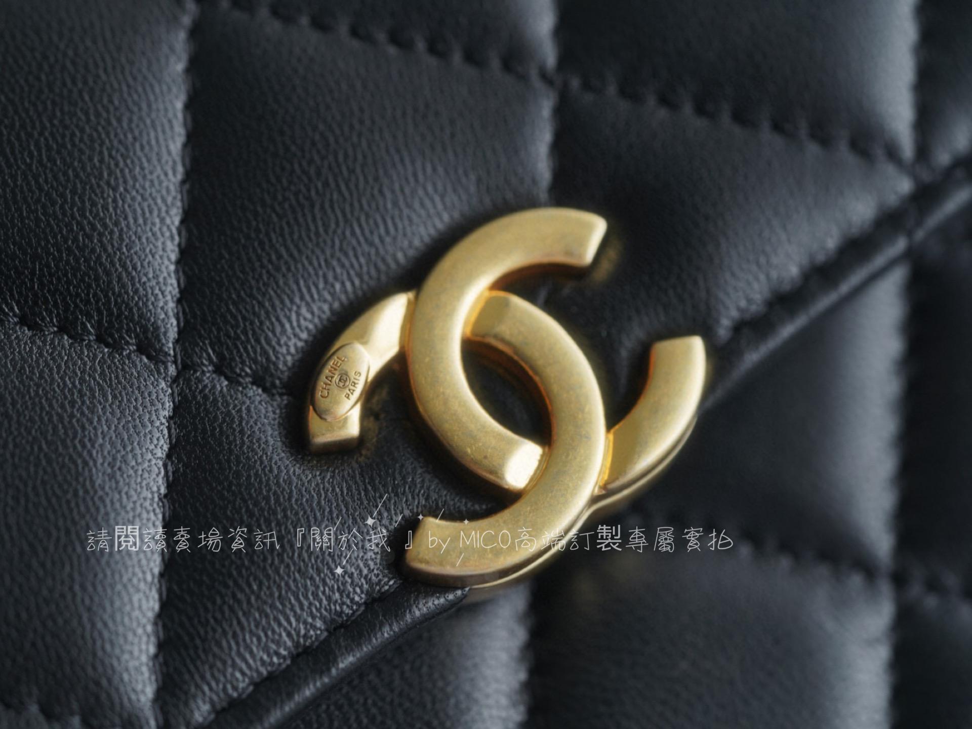 CHANEL 22B 琺瑯手柄包 Kelly包 中號 黑金/羊皮 尺寸：11.5×14.5×5.5cm