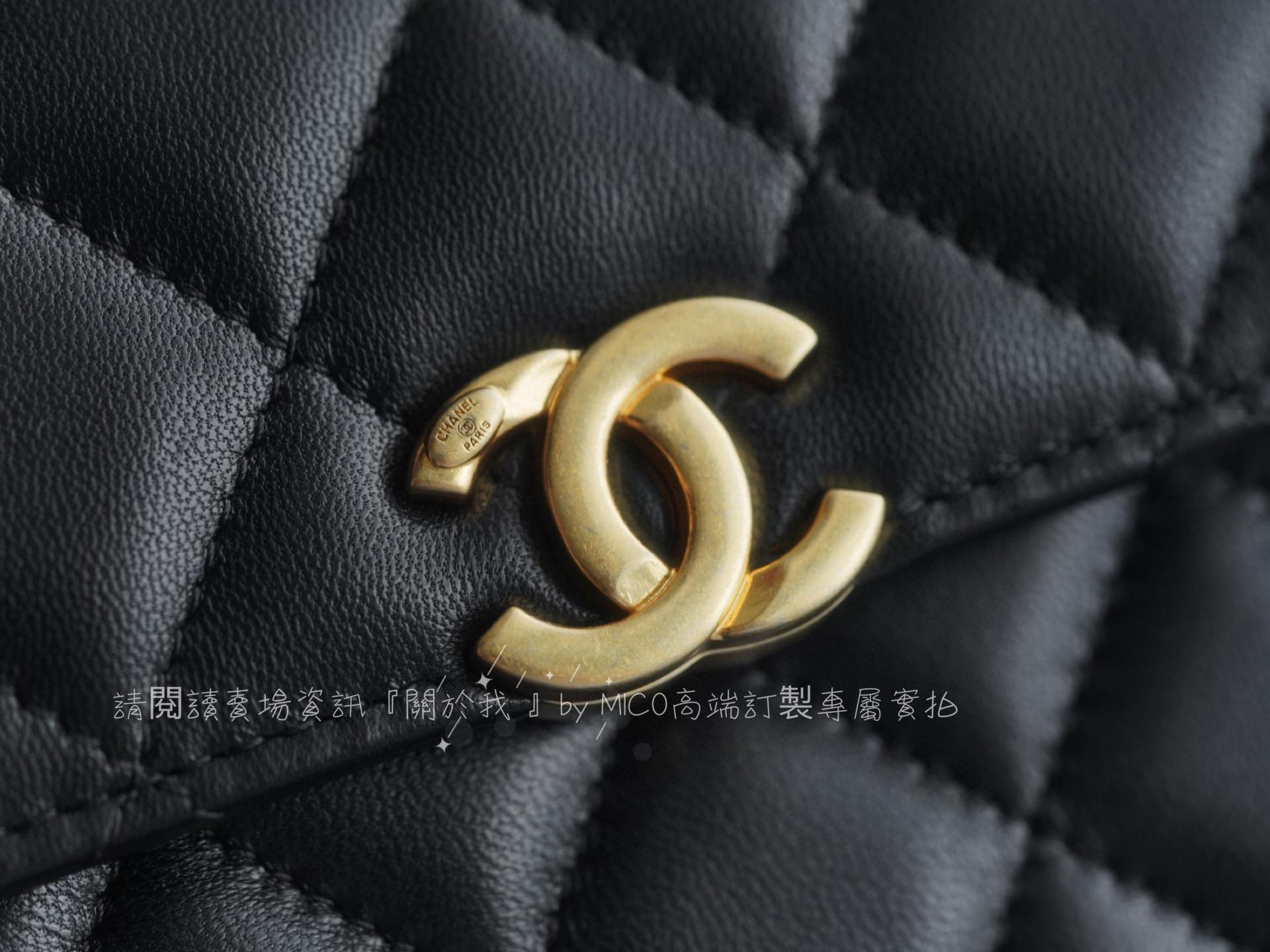 CHANEL 22B 琺瑯手柄包 Kelly包 中號 黑金/羊皮 尺寸：11.5×14.5×5.5cm