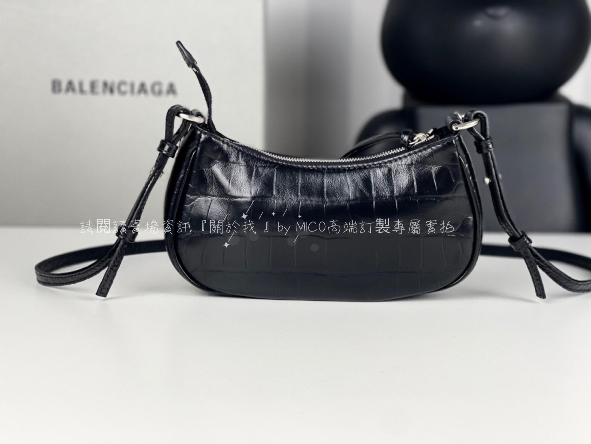 Balenciage 巴黎世家 鱷魚黑色/五金銀帶鑽 le cagole  迷你鏈條機車包 21cm