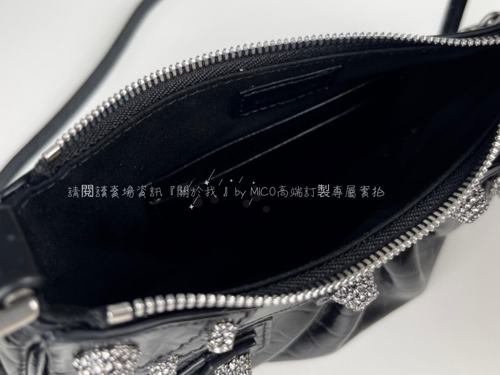 Balenciage 巴黎世家 鱷魚黑色/五金銀帶鑽 le cagole  迷你鏈條機車包 21cm