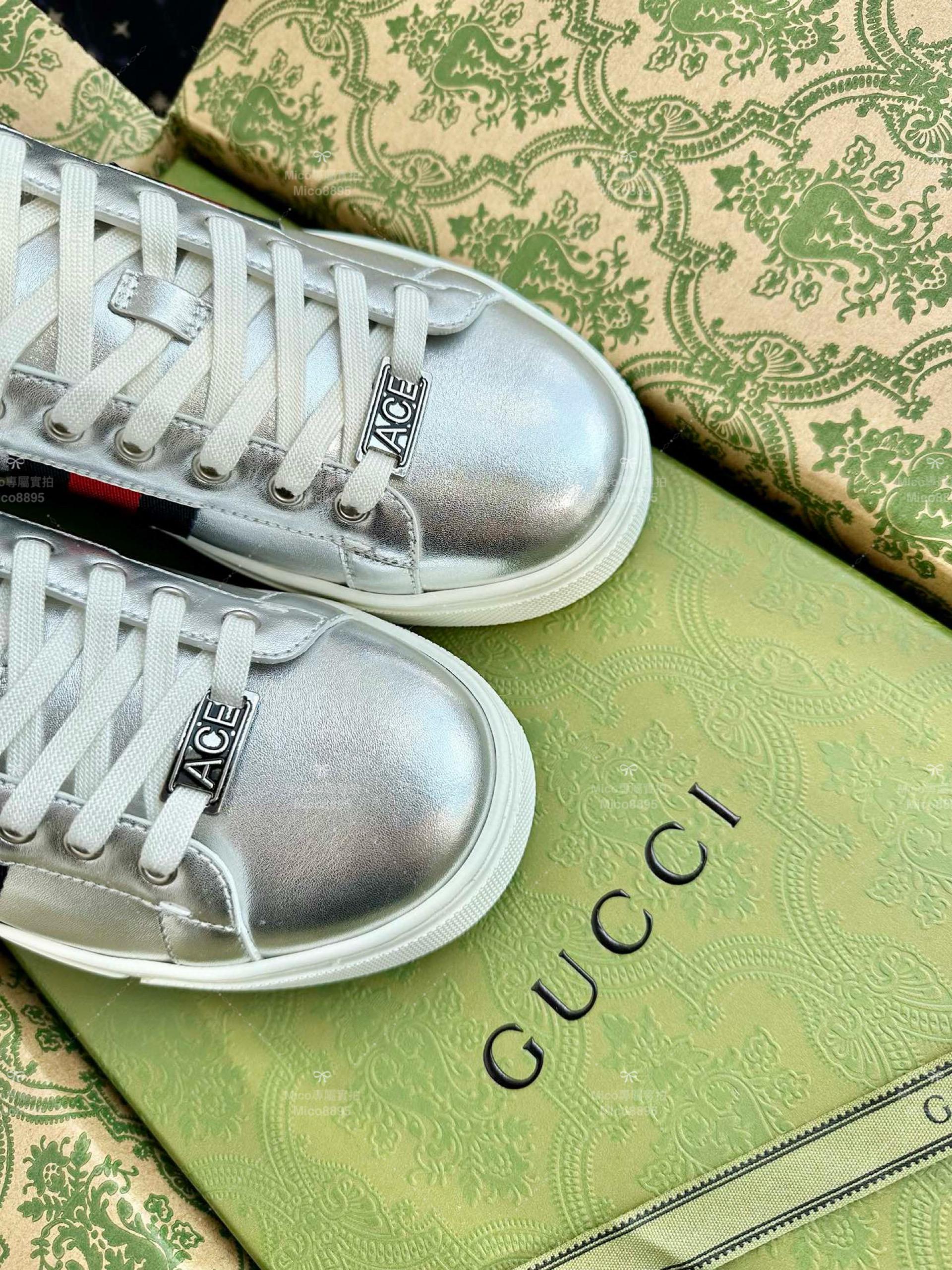 GUCCI ACE系列 銀色紅尾 配色小白鞋 休閒鞋 情侶款/男鞋/女鞋/SIZE：女款35-40 男款39-45  